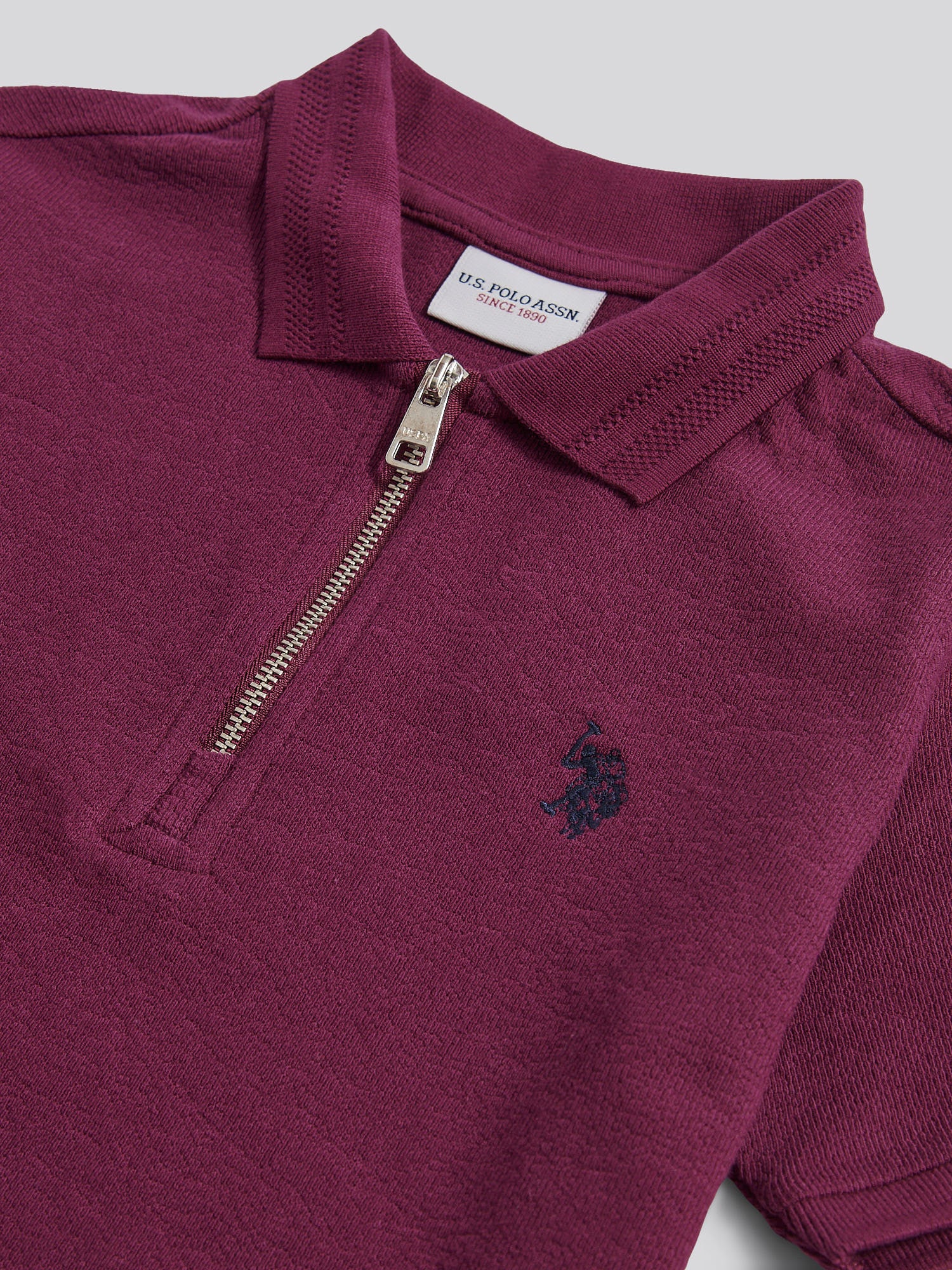 Boys Flat Pile Texture Zip Polo Shirt in Grape Wine - Image 8