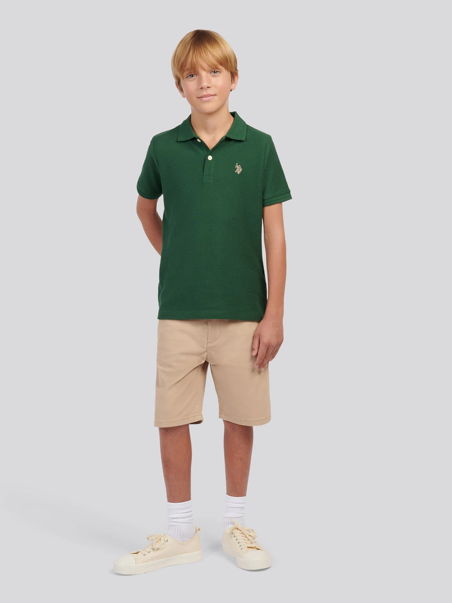 Boys Herringbone Texture Polo Shirt in Pineneedle - Image 3