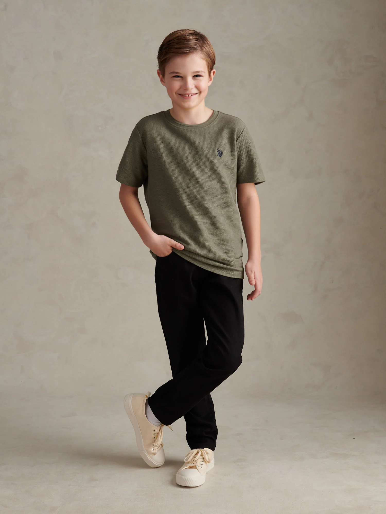Boys Herringbone Texture T-Shirt in Mulled Basil - Image 3