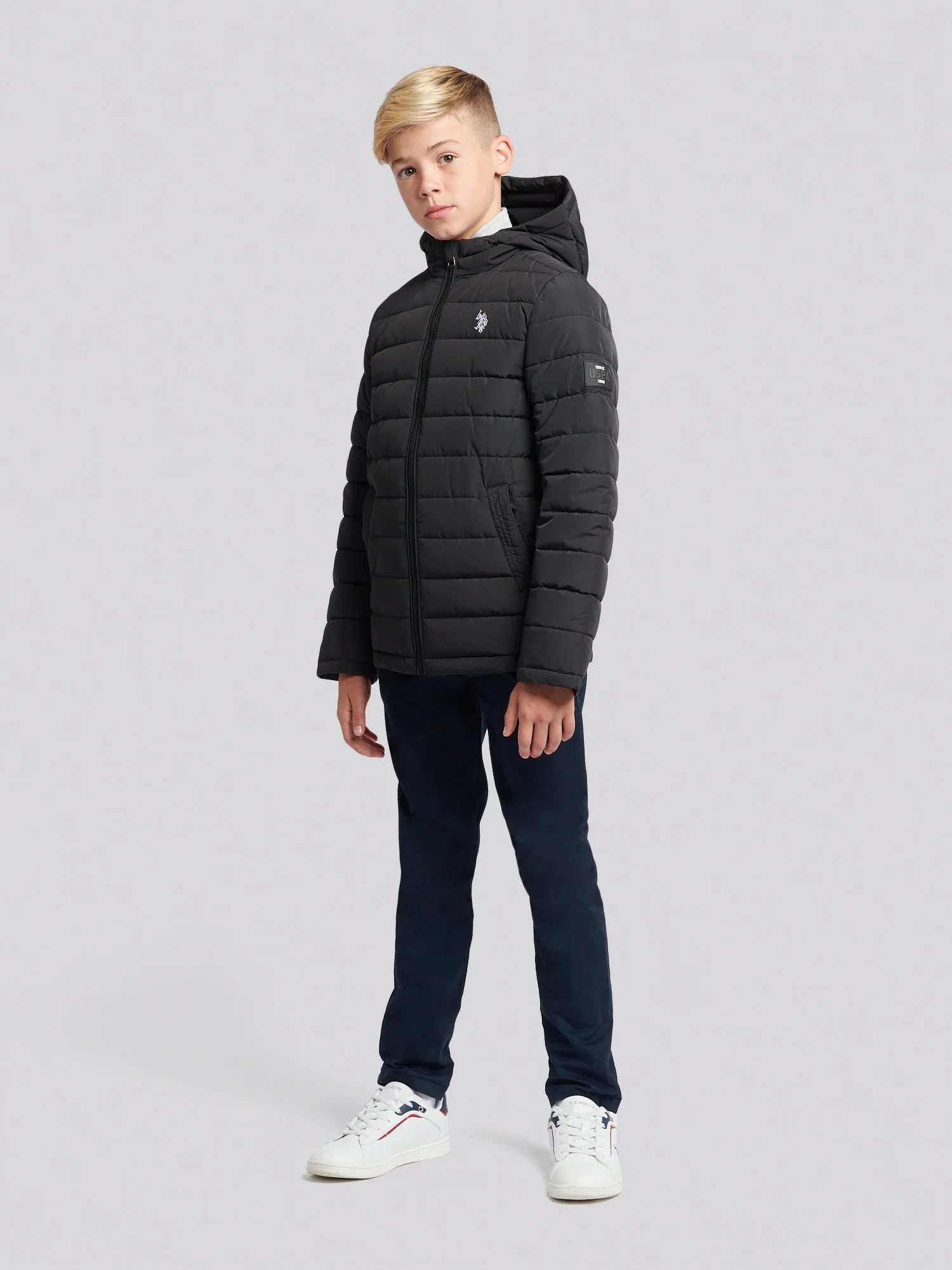 Boys Lightweight Quilt Hooded Puffer Jacket in Black - Image 4