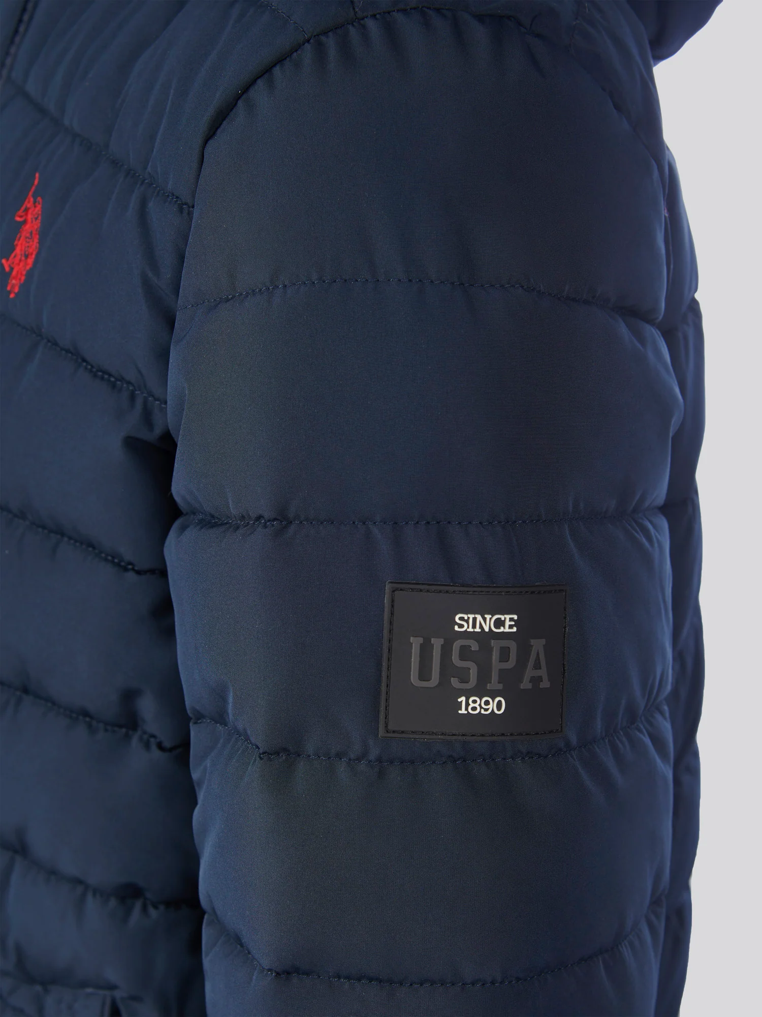 Boys Lightweight Quilt Hooded Puffer Jacket in Dark Sapphire Navy / Haute Red DHM - Image 10