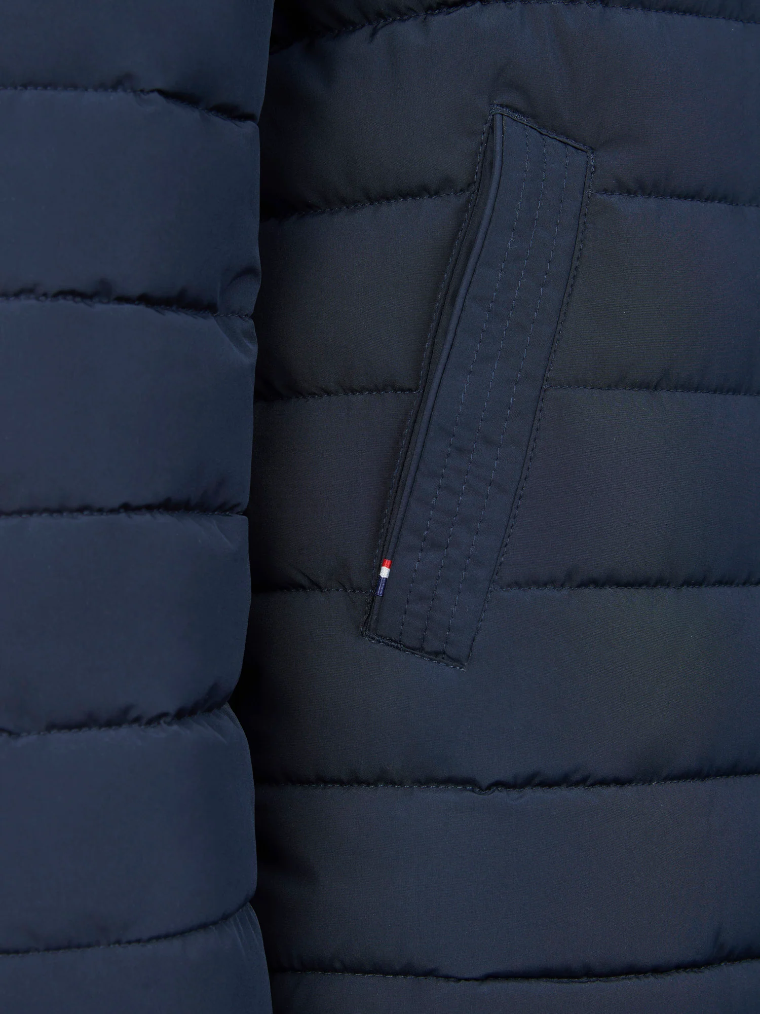 Boys Lightweight Quilt Hooded Puffer Jacket in Dark Sapphire Navy / Haute Red DHM - Image 11