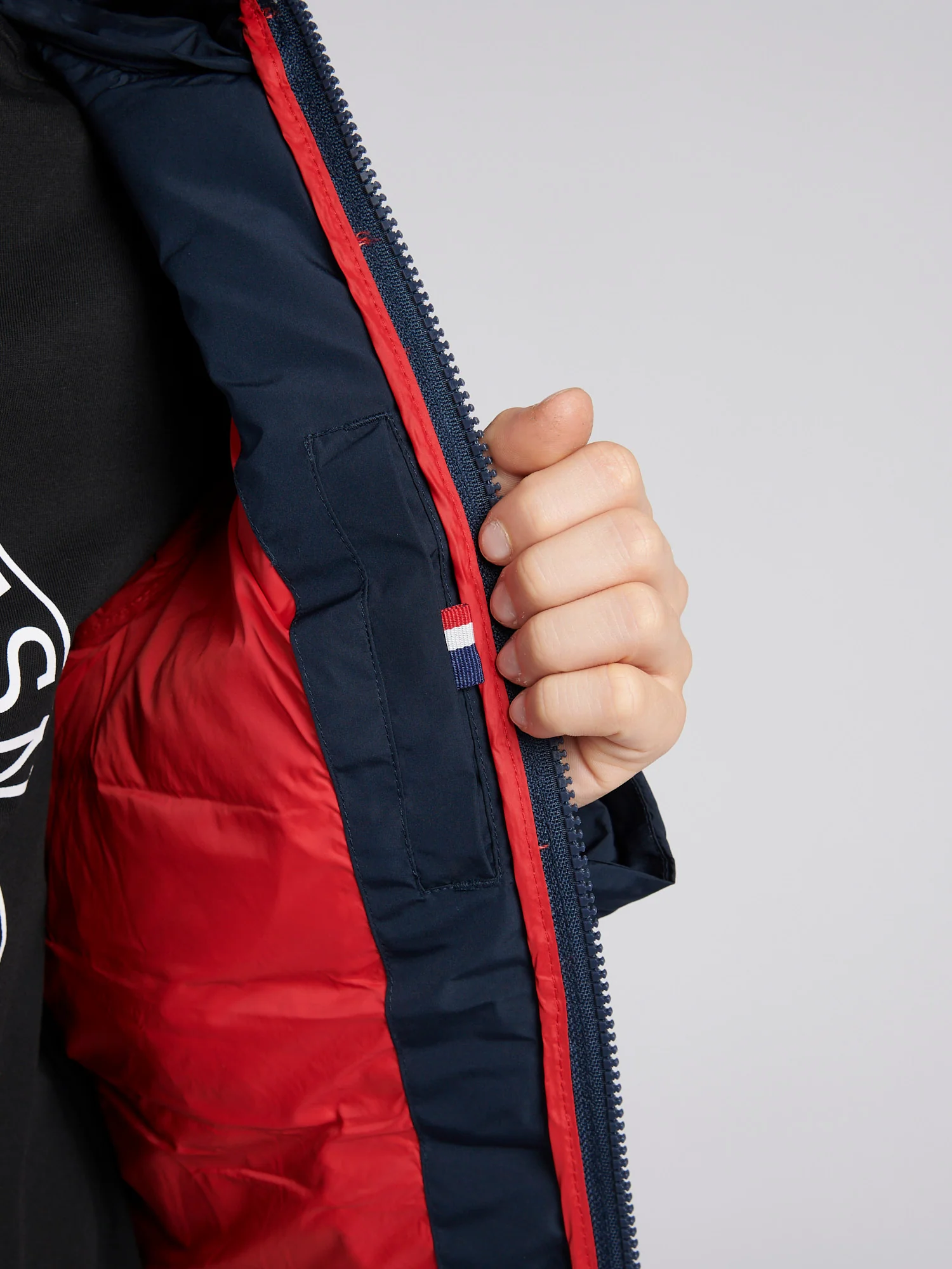 Boys Lightweight Quilt Hooded Puffer Jacket in Dark Sapphire Navy / Haute Red DHM - Image 5