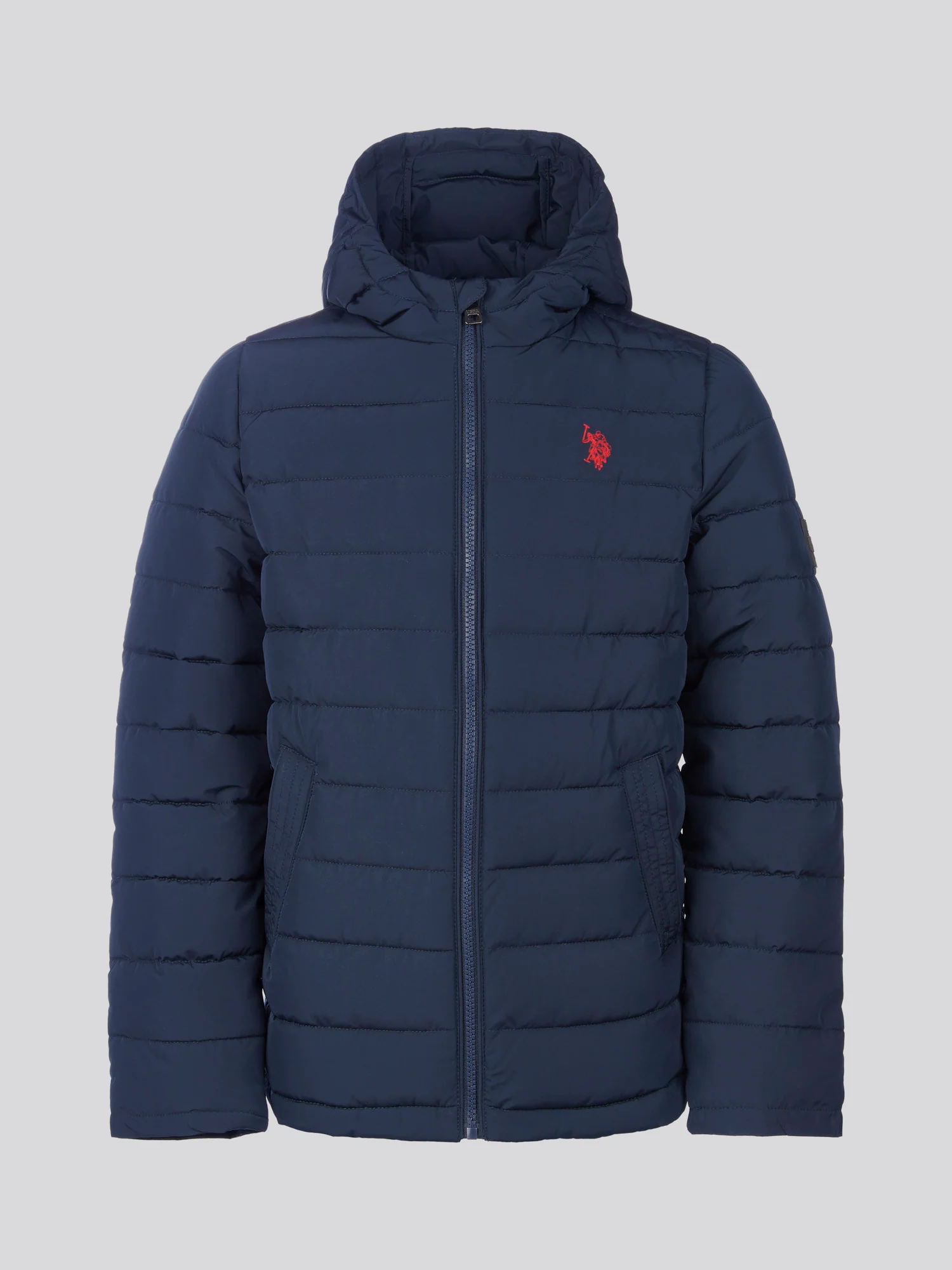 Boys Lightweight Quilt Hooded Puffer Jacket in Dark Sapphire Navy / Haute Red DHM - Image 6