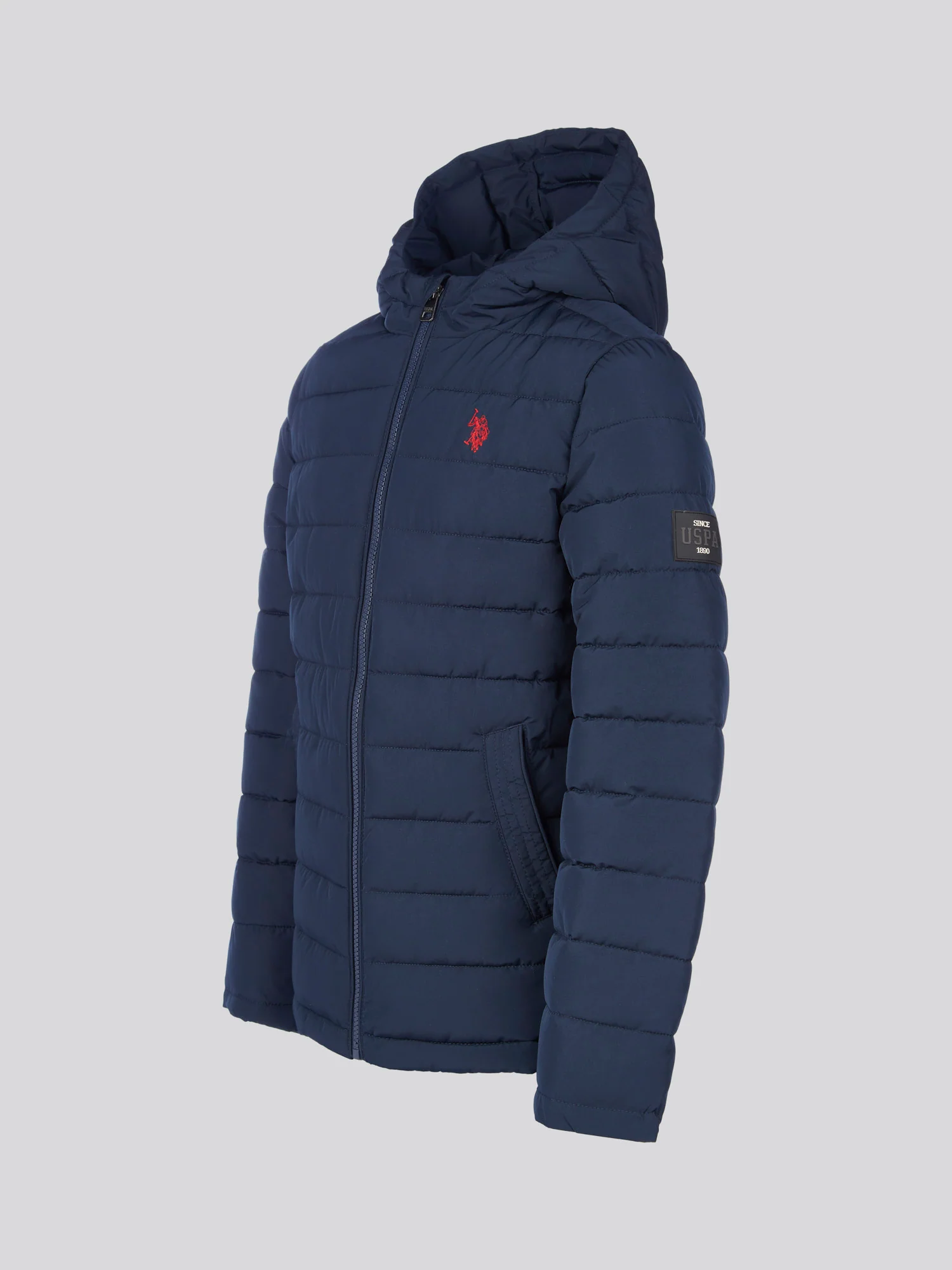 Boys Lightweight Quilt Hooded Puffer Jacket in Dark Sapphire Navy / Haute Red DHM - Image 7