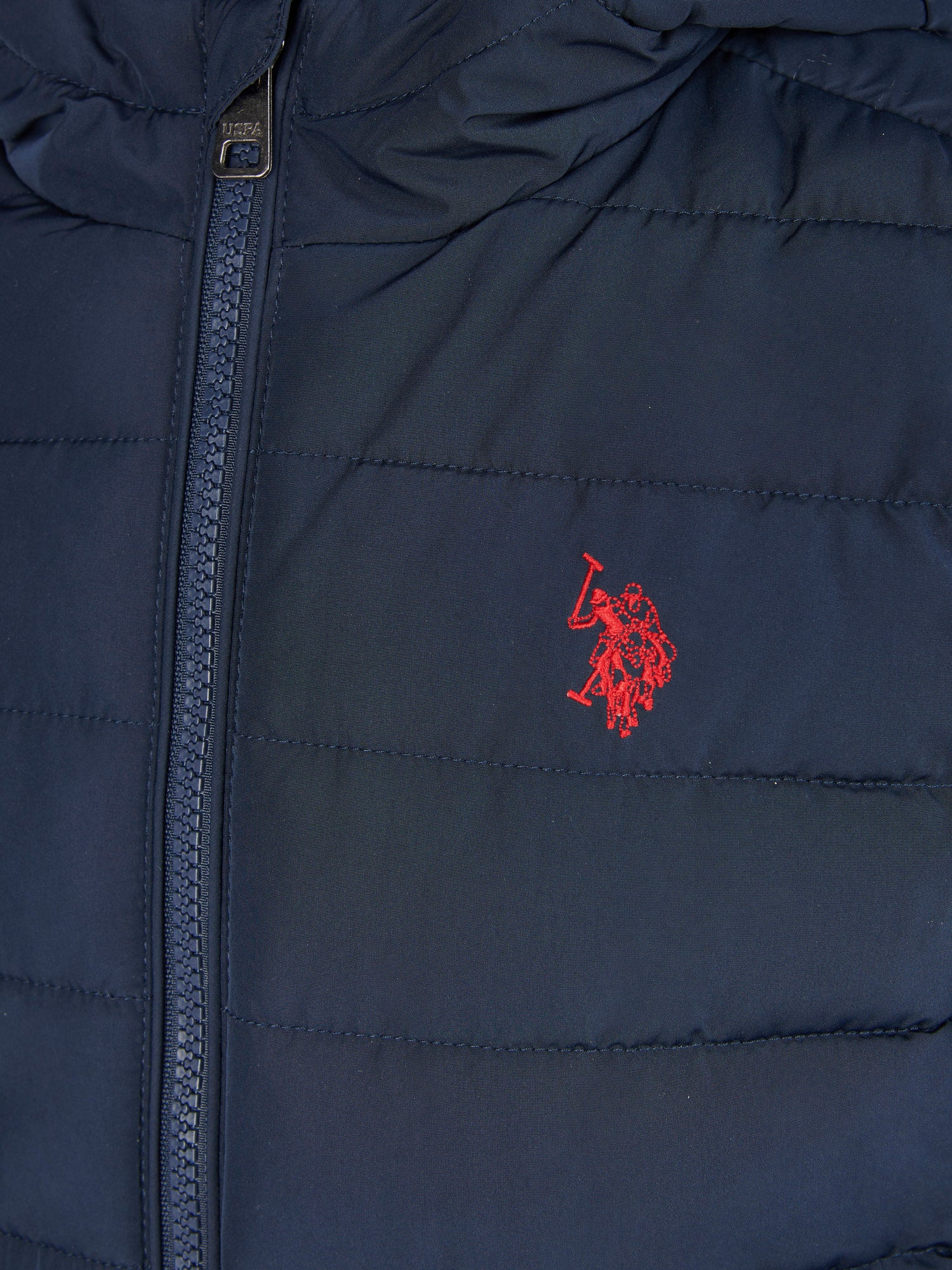Boys Lightweight Quilt Hooded Puffer Jacket in Dark Sapphire Navy / Haute Red DHM - Image 9