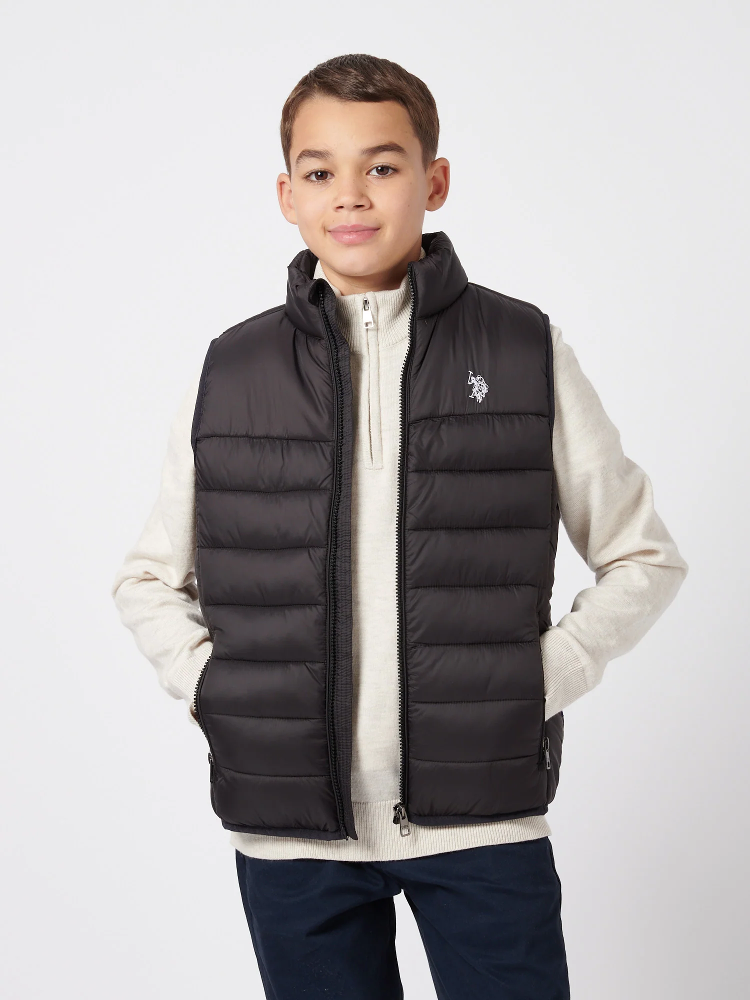 Boys Panelled Quilted Gilet in Black Bright White DHM - Image 5