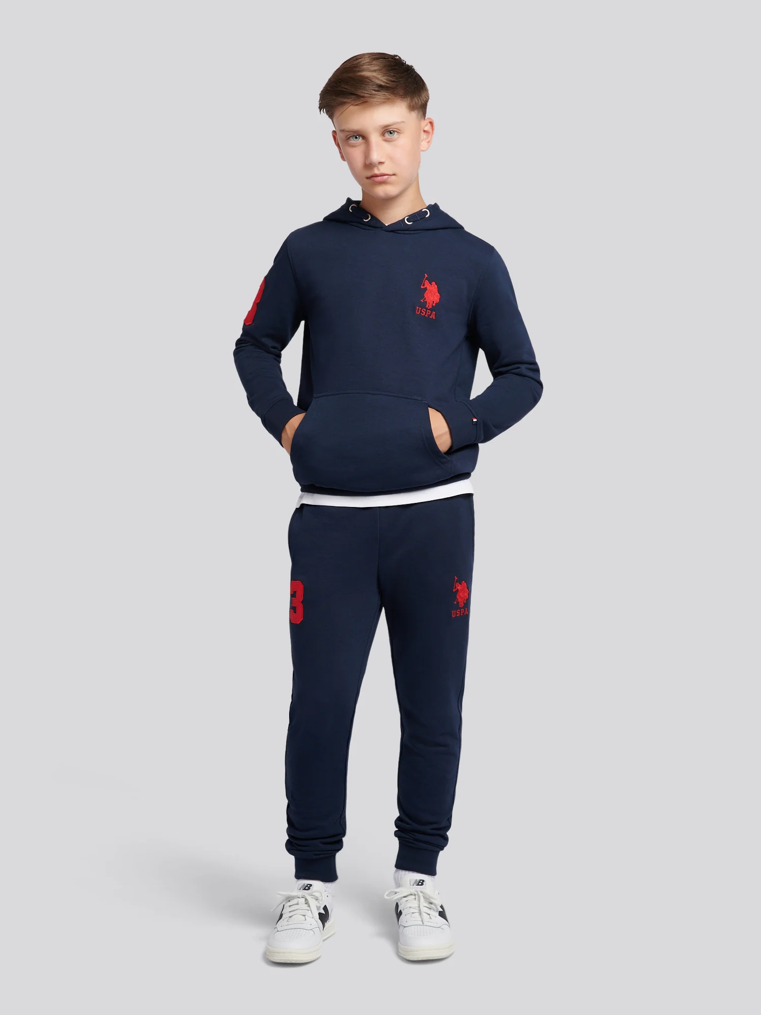 Boys Player 3 Brush Back Hoodie in Dark Sapphire Navy / Haute Red DHM - Image 3