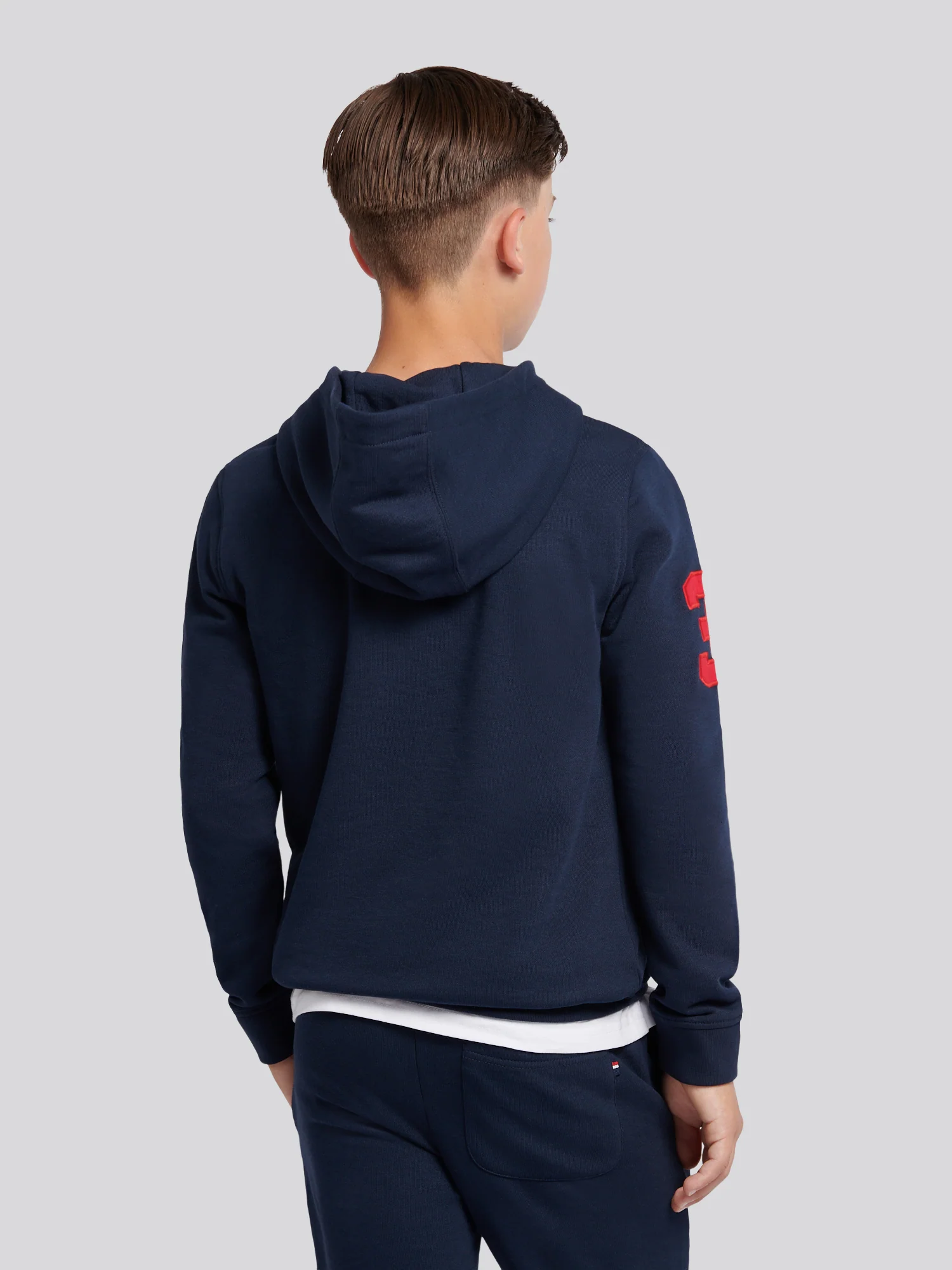 Boys Player 3 Brush Back Hoodie in Dark Sapphire Navy / Haute Red DHM - Image 4