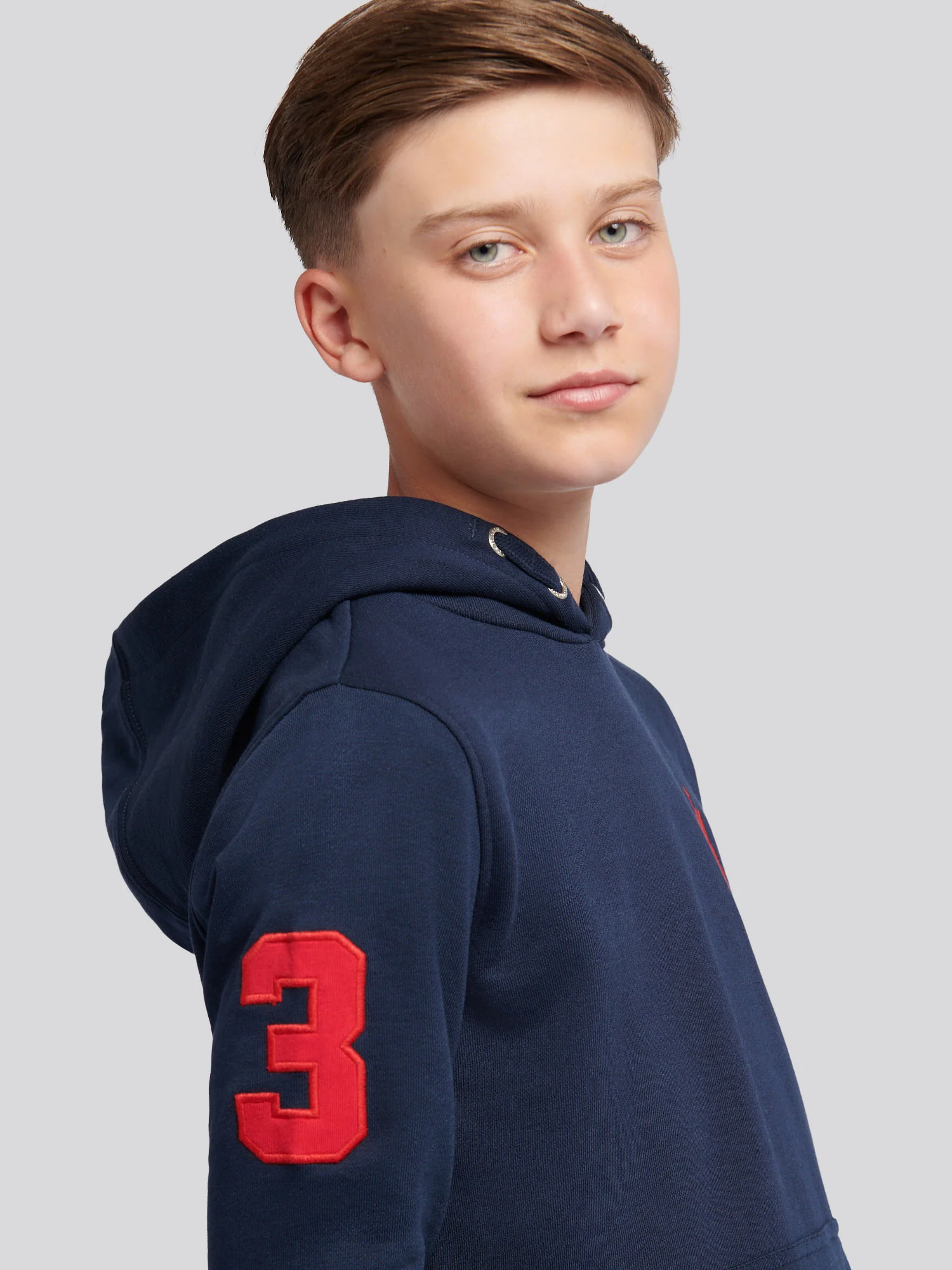 Boys Player 3 Brush Back Hoodie in Dark Sapphire Navy / Haute Red DHM - Image 5