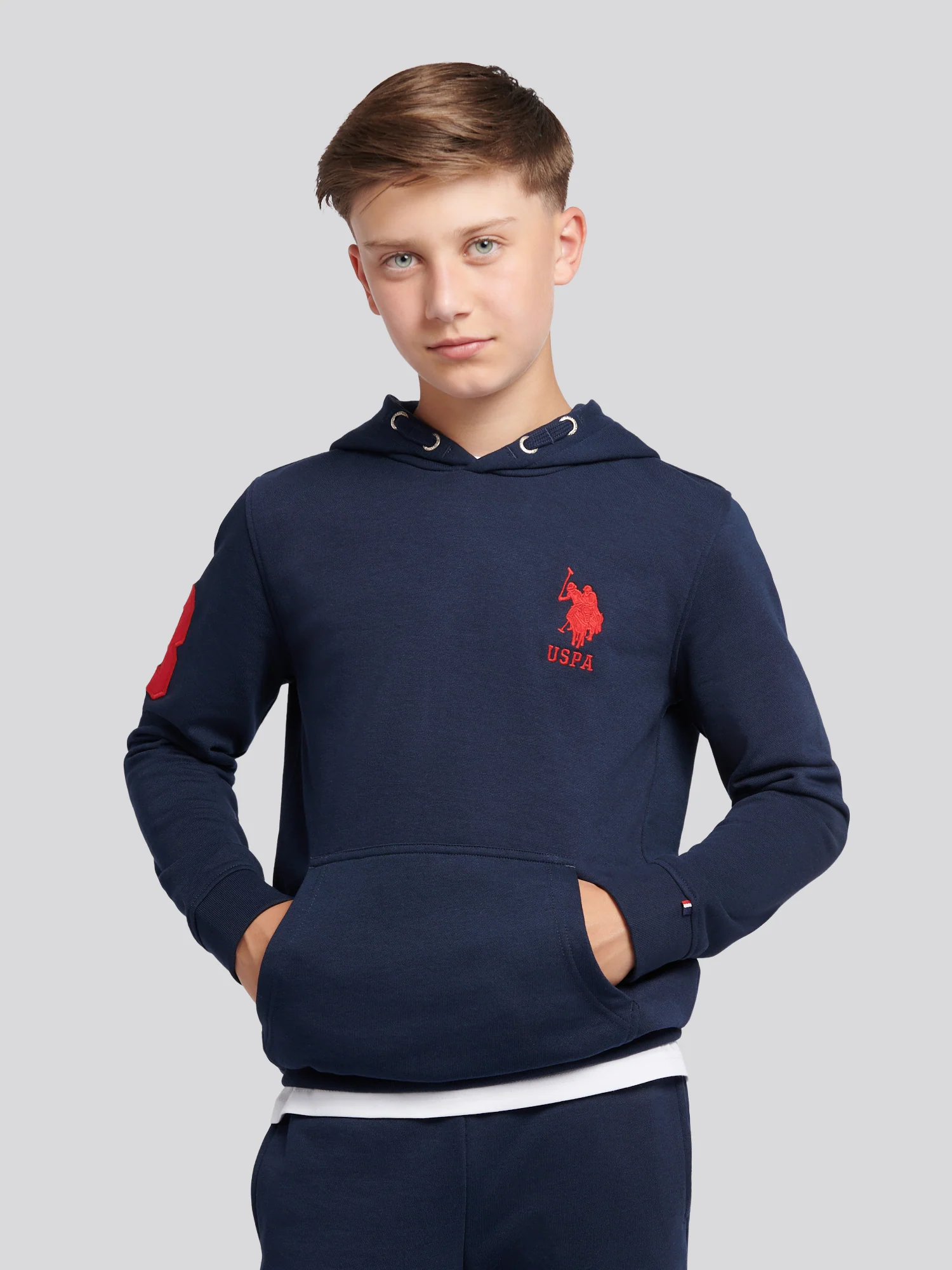 Boys Player 3 Brush Back Hoodie in Dark Sapphire Navy / Haute Red DHM - Image 9
