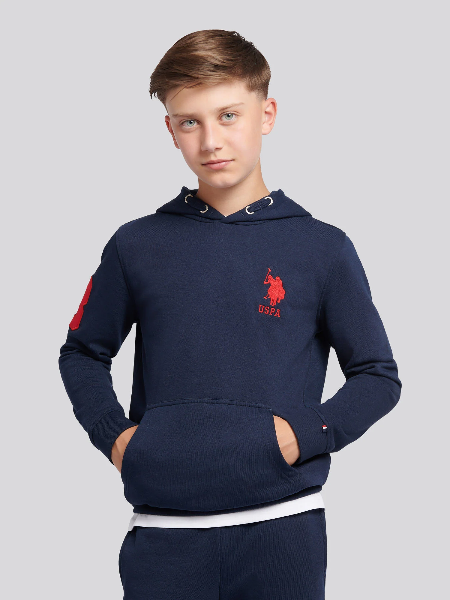 Boys Player 3 Hoodie in Dark Sapphire Navy / Haute Red DHM - Image 6
