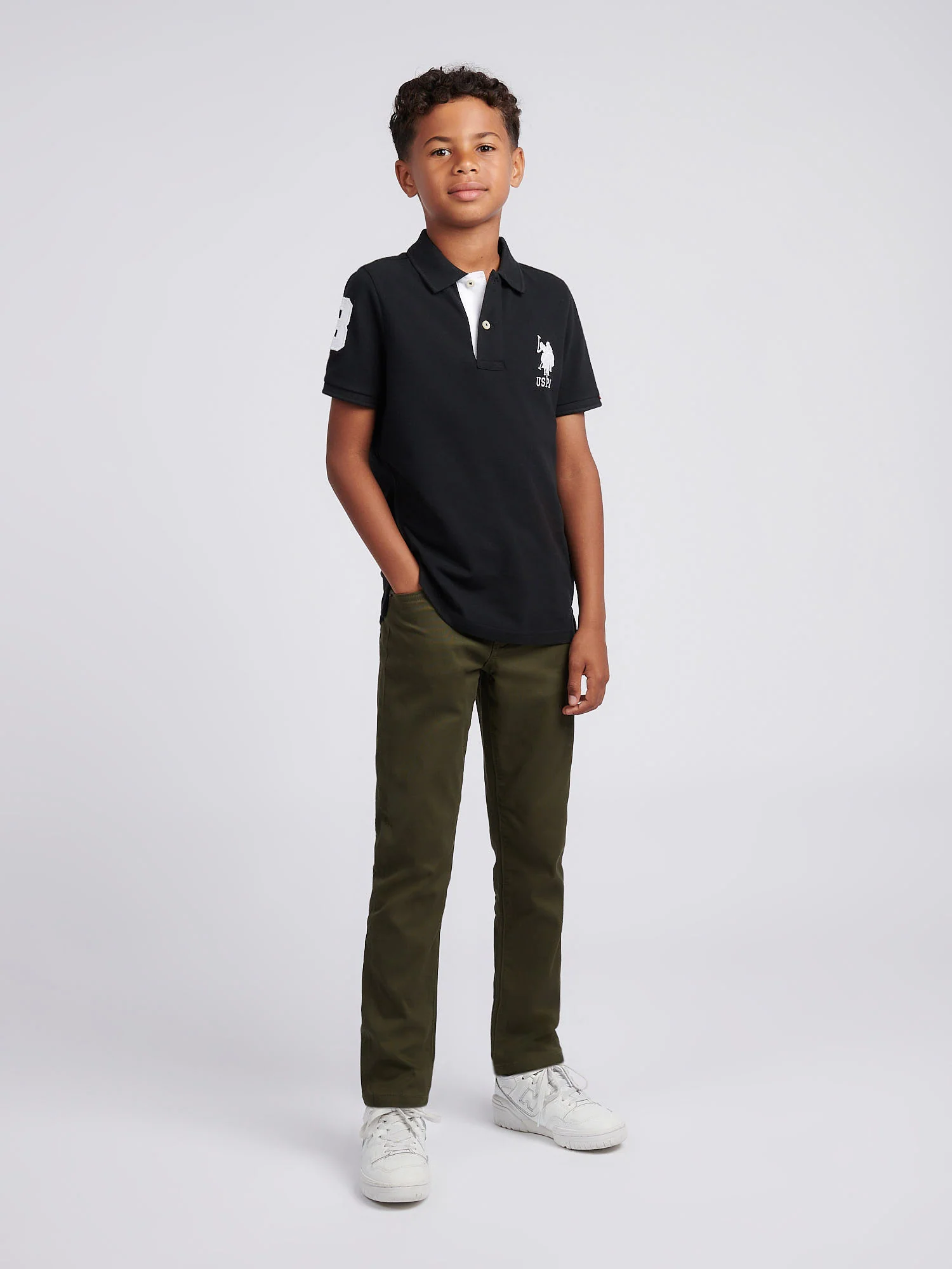 Boys Player 3 Polo Shirt Black Bright White DHM - Image 3