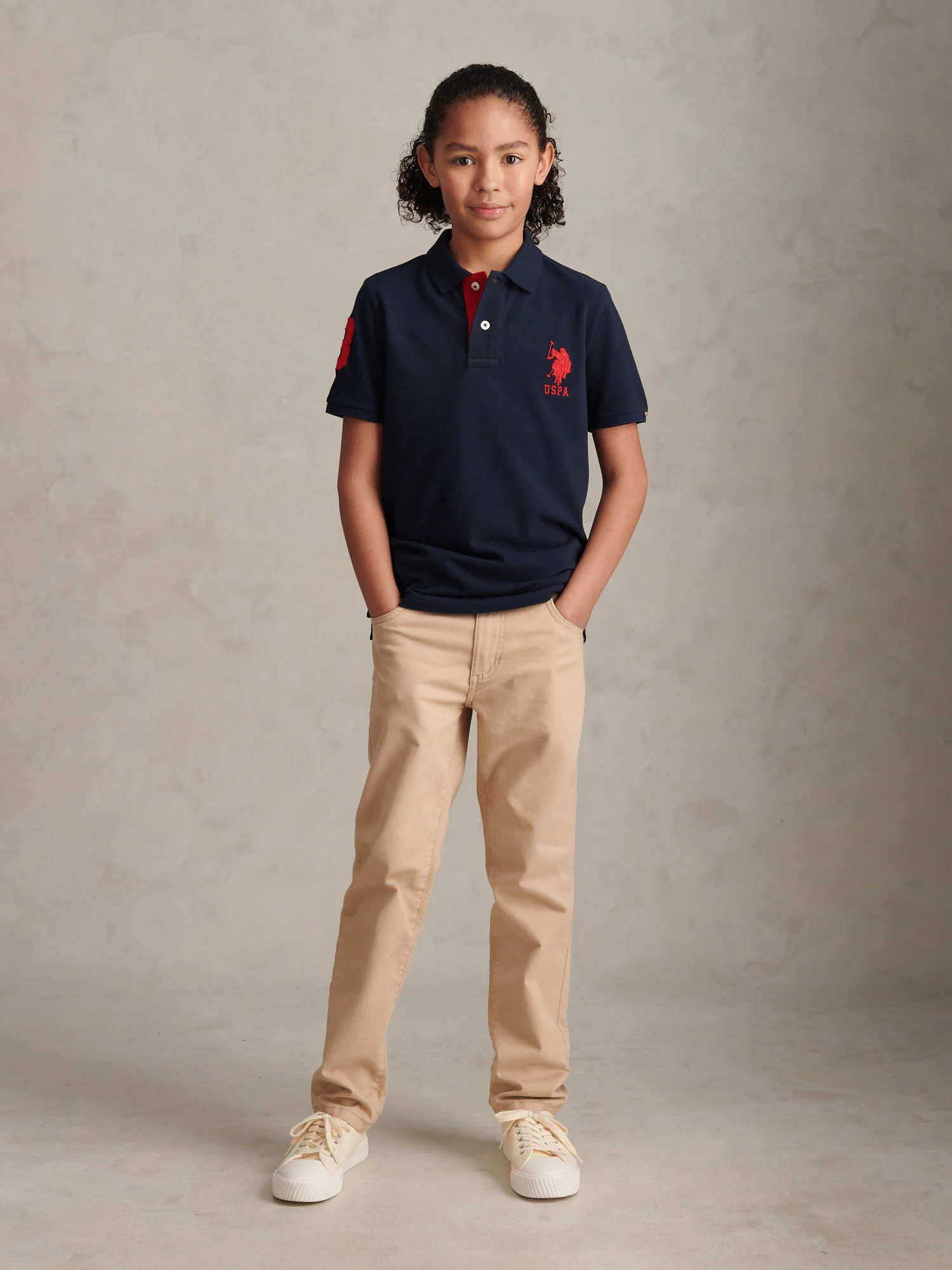 Boys Player 3 Polo Shirt Dark Sapphire Navy / Haute Red DHM - Image 3