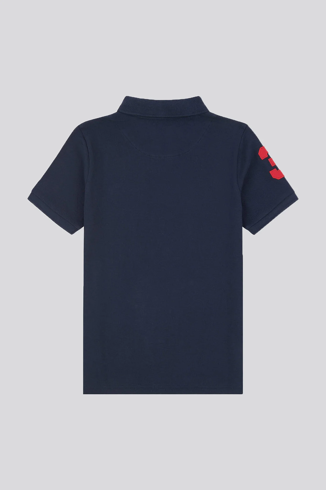 Boys Player 3 Polo Shirt in Dark Sapphire Navy / Haute Red DHM - Image 6