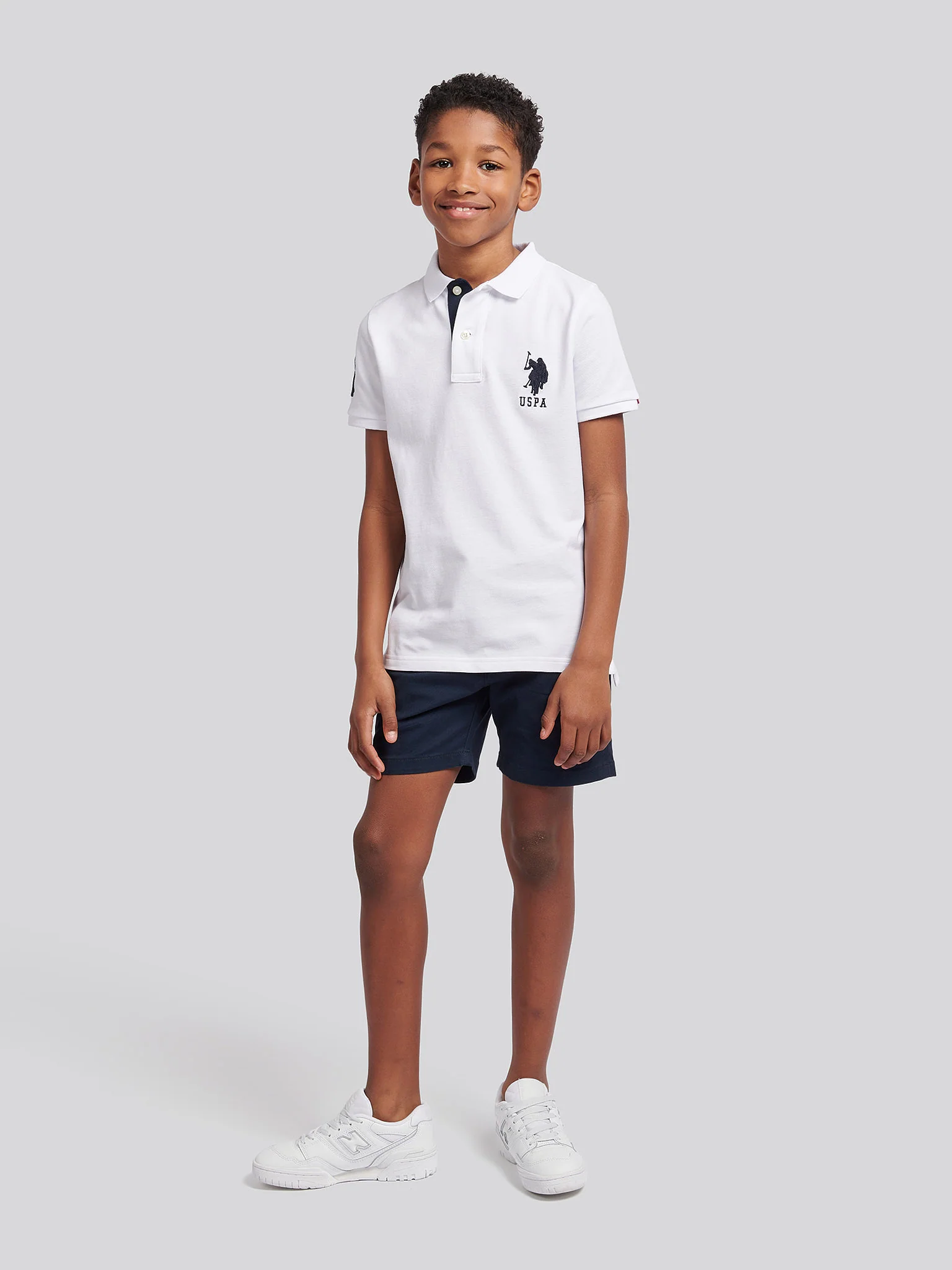 Boys Player 3 Polo Shirt in White / Dark Sapphire Navy DHM - Image 3