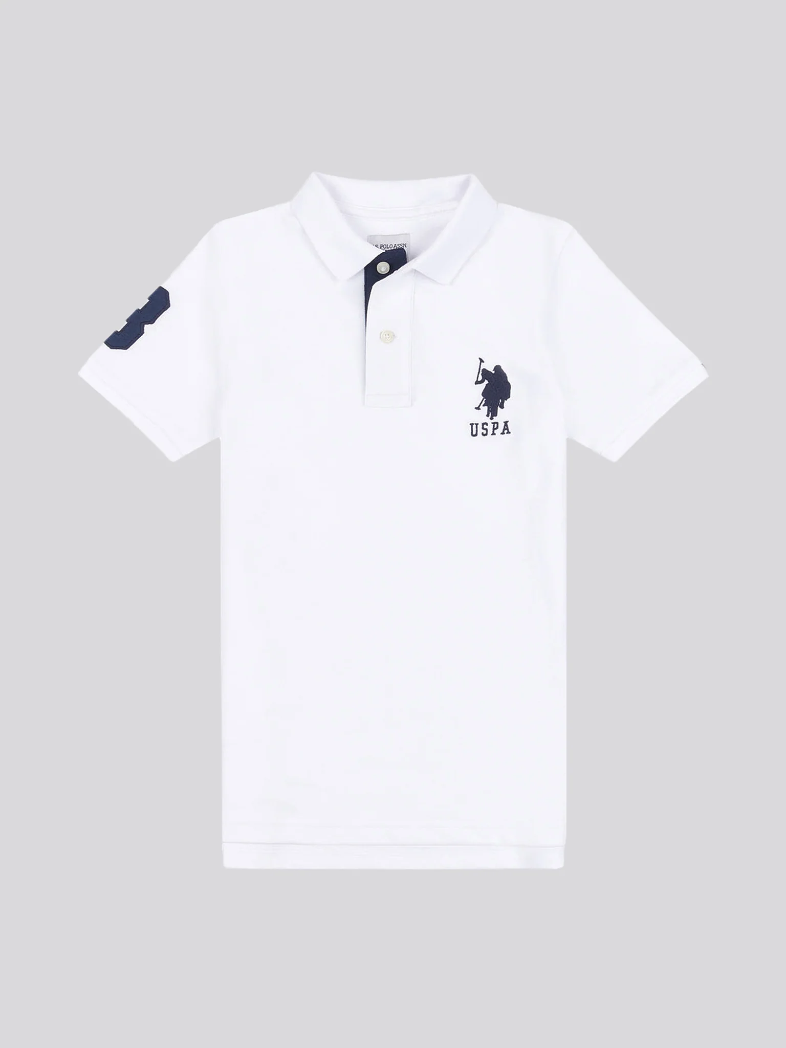 Boys Player 3 Polo Shirt in White / Dark Sapphire Navy DHM - Image 5