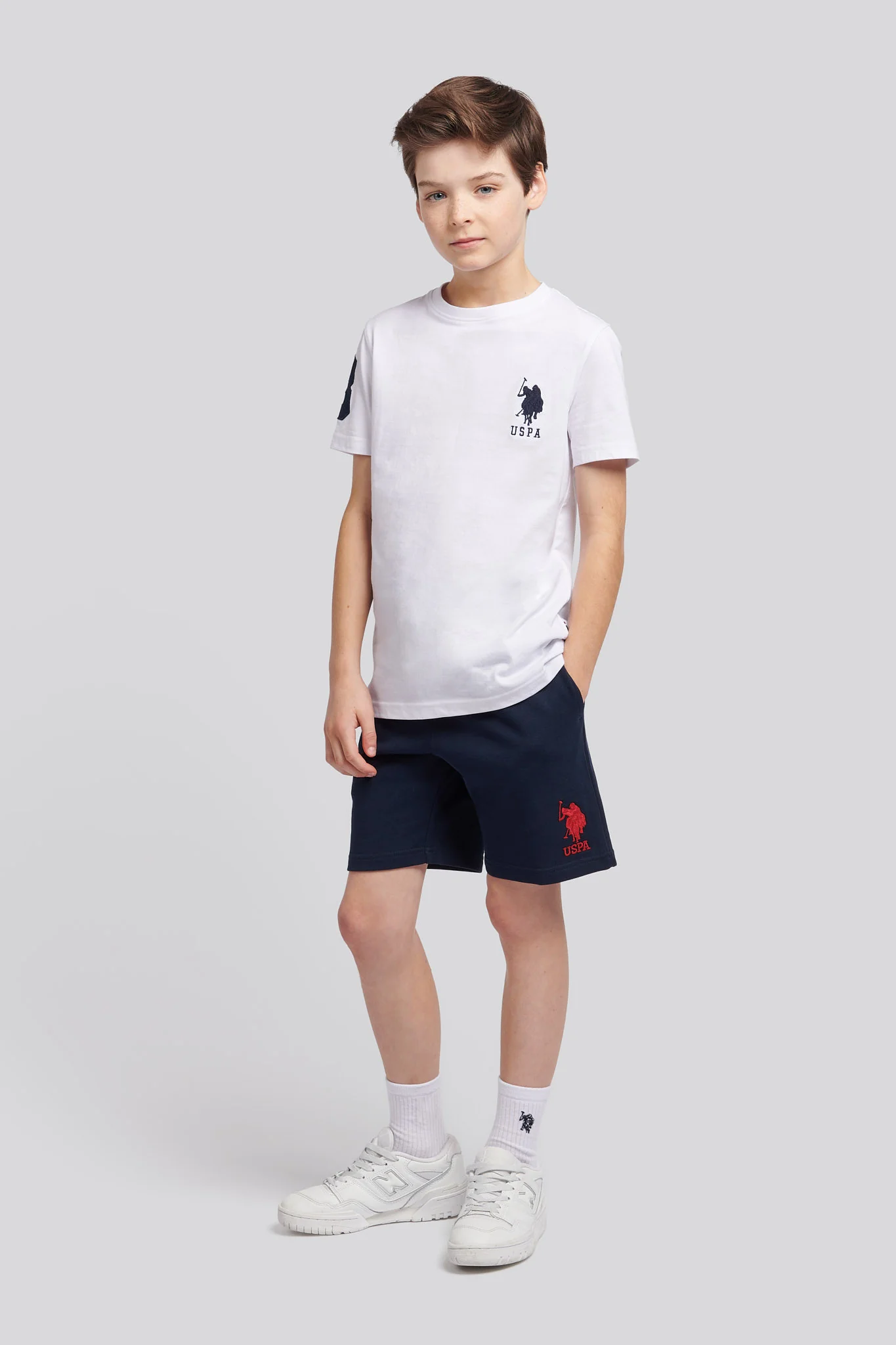 Boys Player 3 Sweat Short in Dark Sapphire Navy / Haute Red DHM - Image 3