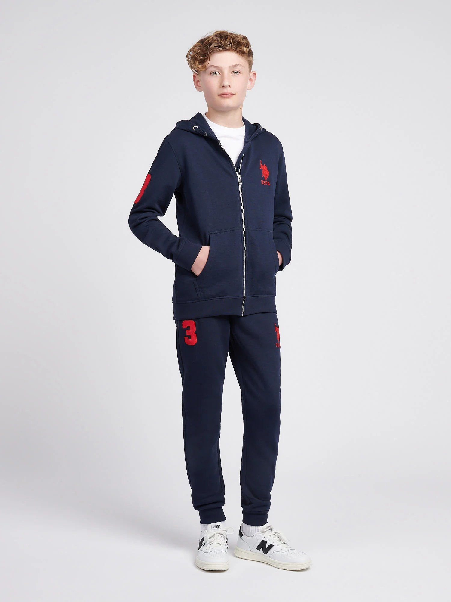 Boys Player 3 Zip Hoodie in Dark Sapphire Navy / Haute Red DHM - Image 3