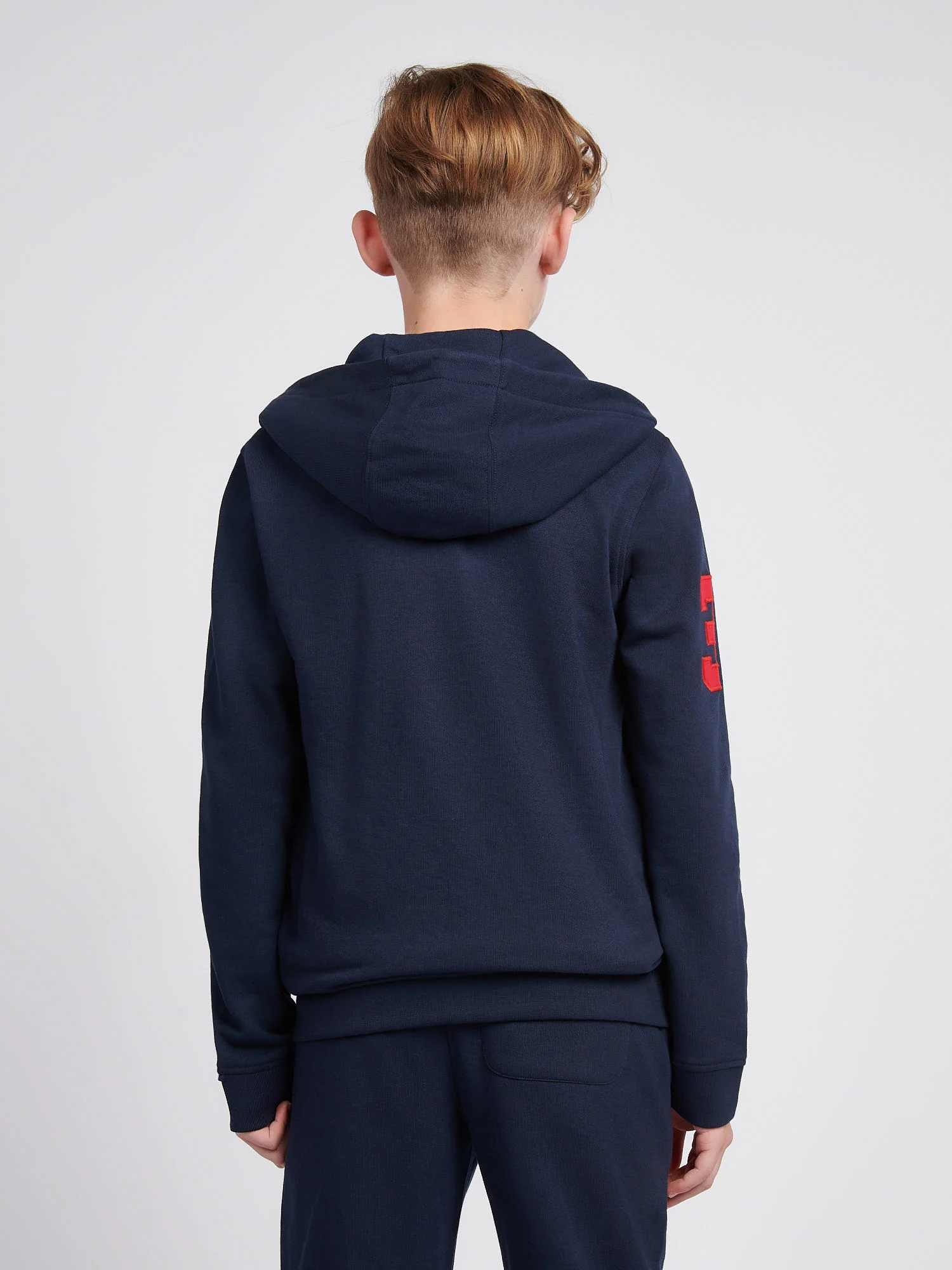 Boys Player 3 Zip Hoodie in Dark Sapphire Navy / Haute Red DHM - Image 4