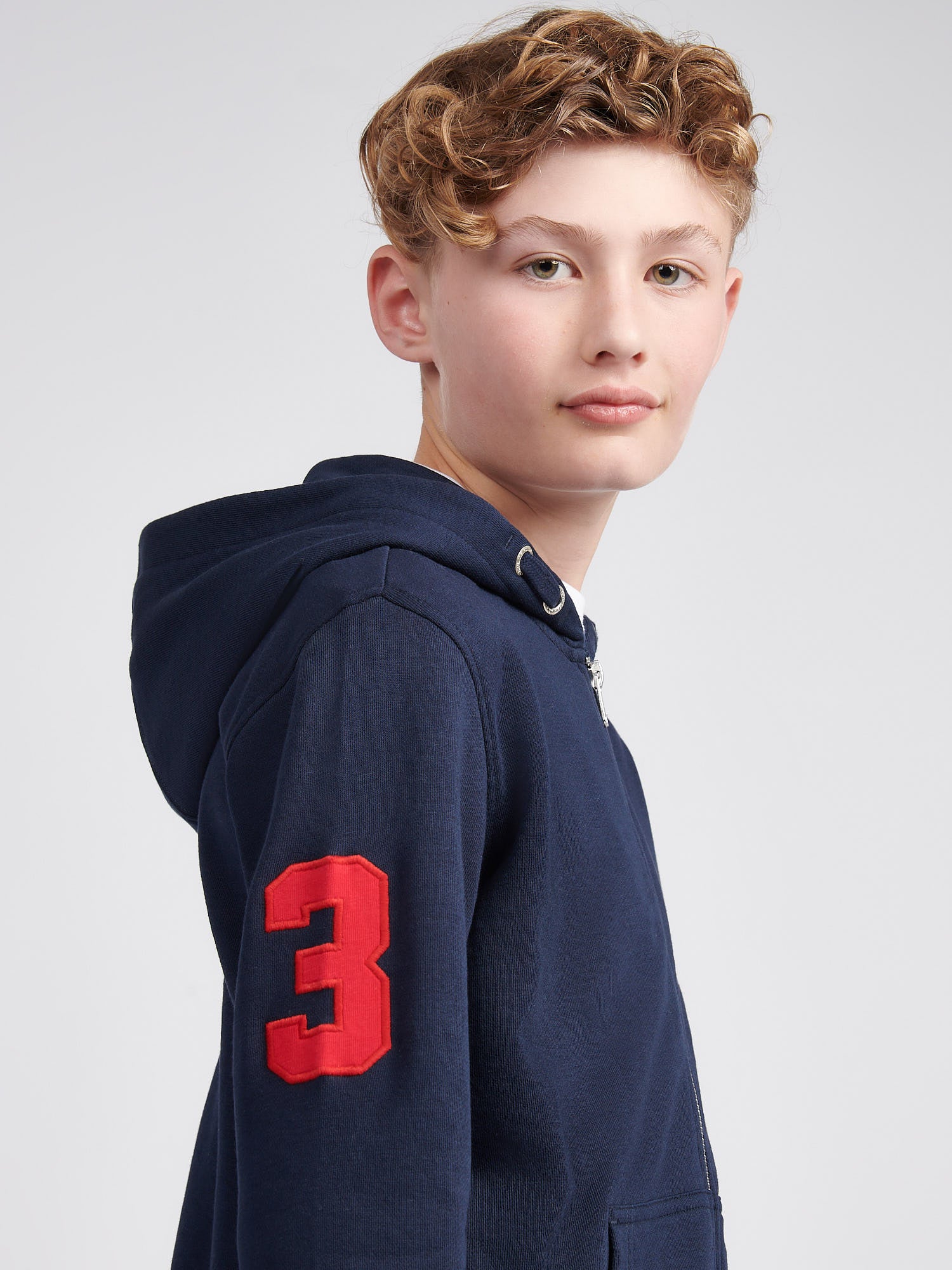 Boys Player 3 Zip Hoodie in Dark Sapphire Navy / Haute Red DHM - Image 5