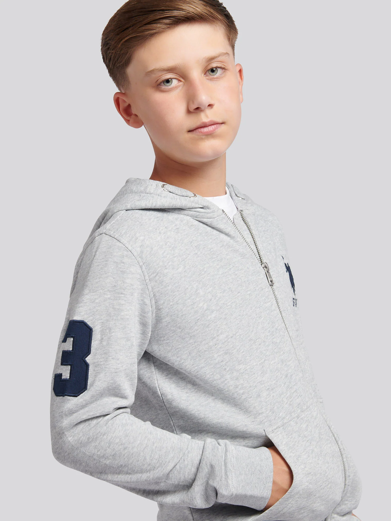 Boys Player 3 Zip Hoodie in Mid Grey Marl - Image 5