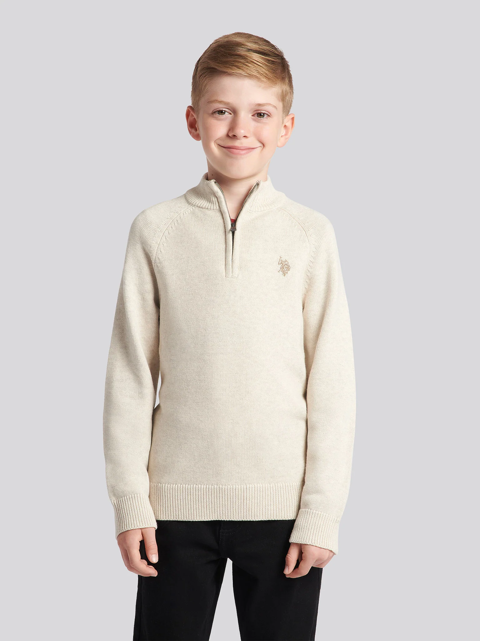 Boys Quarter Zip Knitted Sweatshirt in Birch Marl