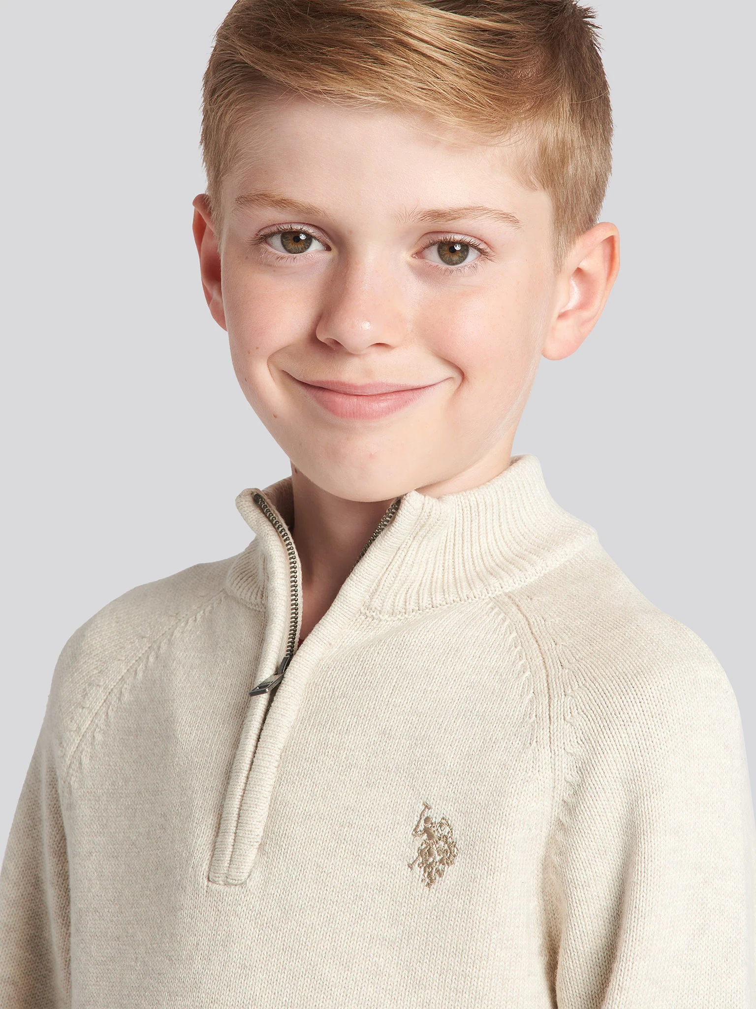 Boys Quarter Zip Knitted Sweatshirt in Birch Marl - Image 3