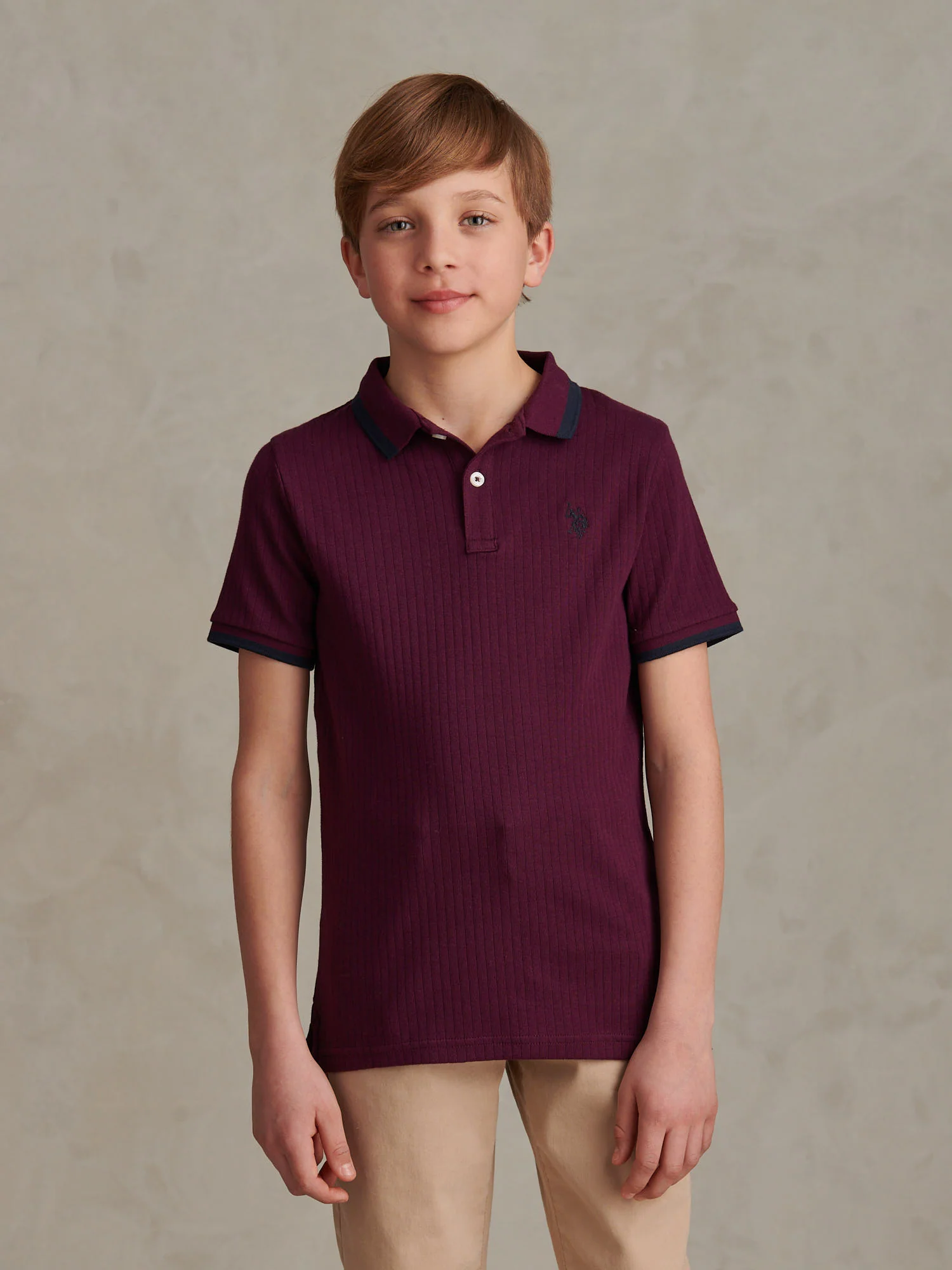 Boys Rib Texture Polo Shirt in Grape Wine