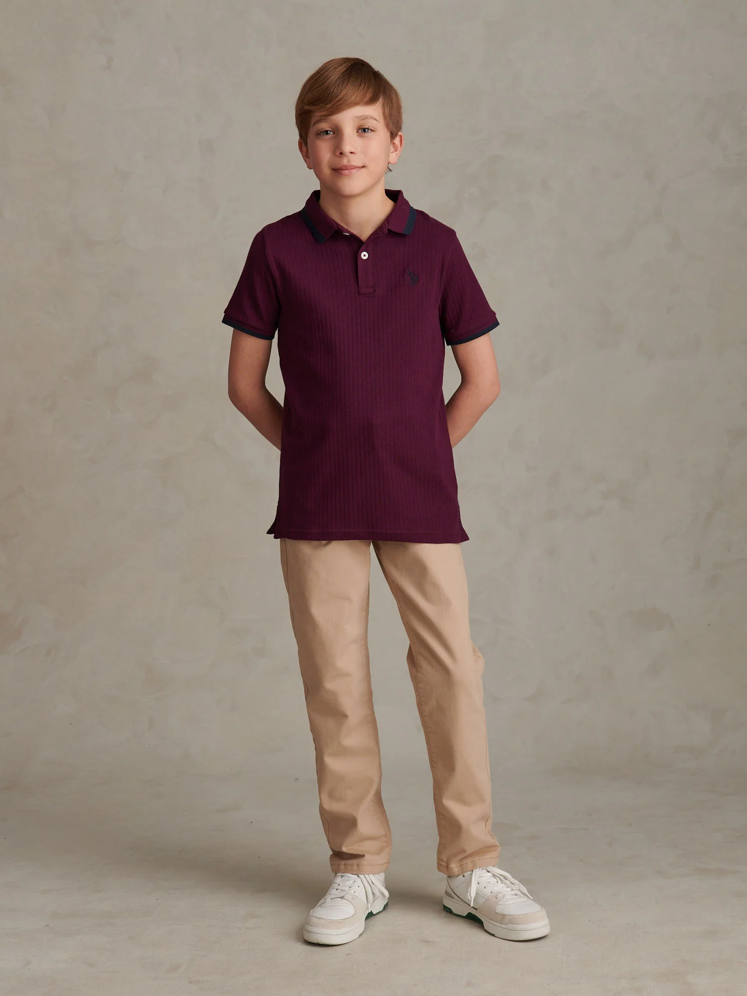 Boys Rib Texture Polo Shirt in Grape Wine - Image 3