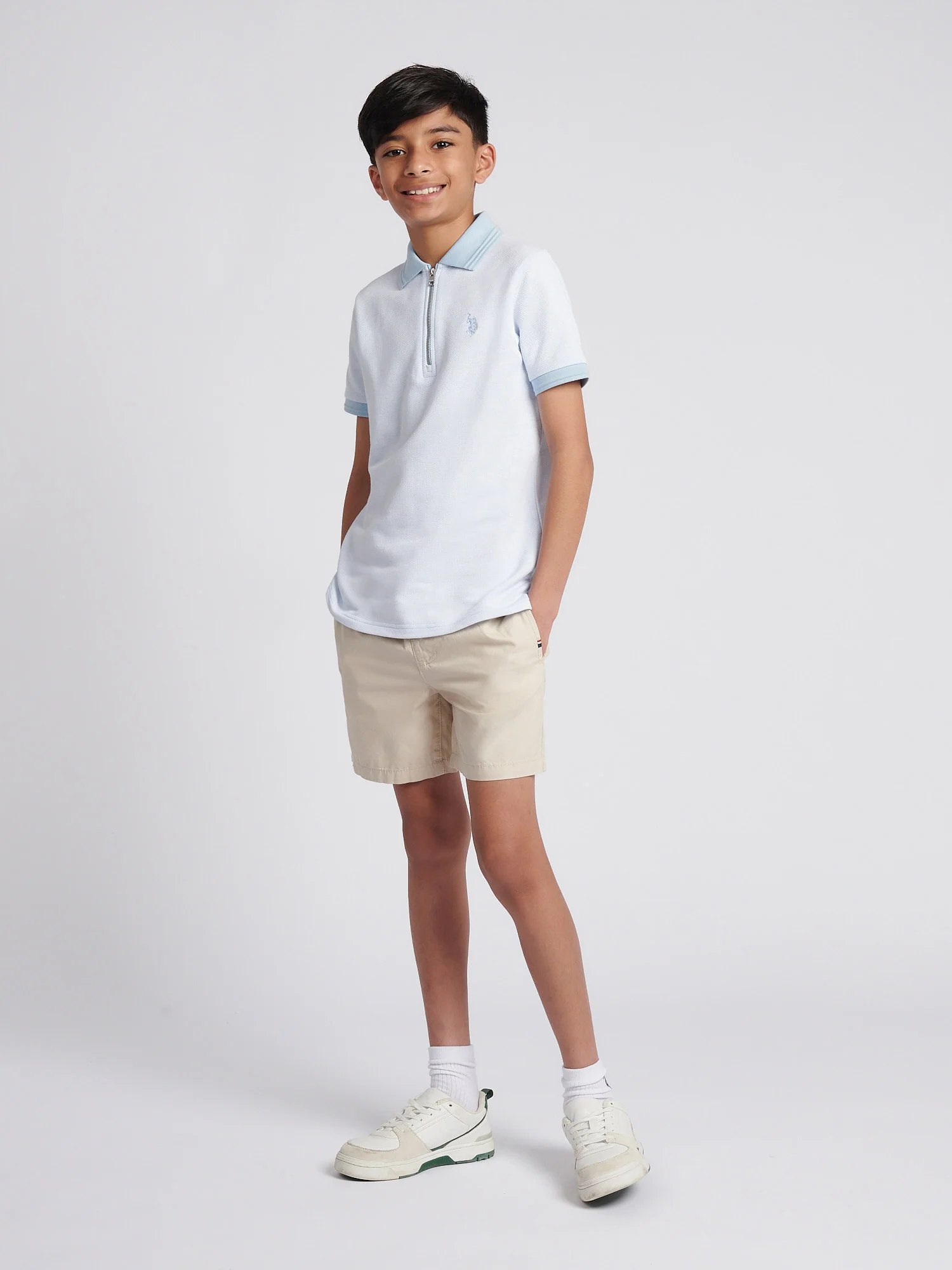 Boys Smart Two Tone Zip Polo Shirt Chambray Blue - Image 3