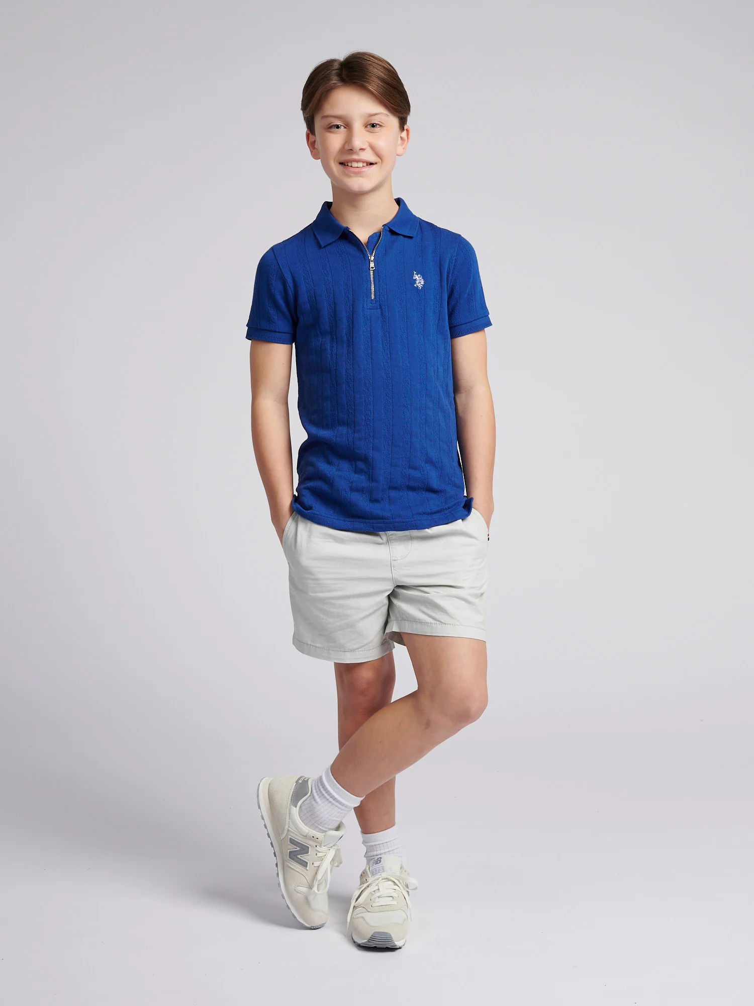 Boys Stripe Textured Zip Polo Shirt in Sodalite Blue - Image 3