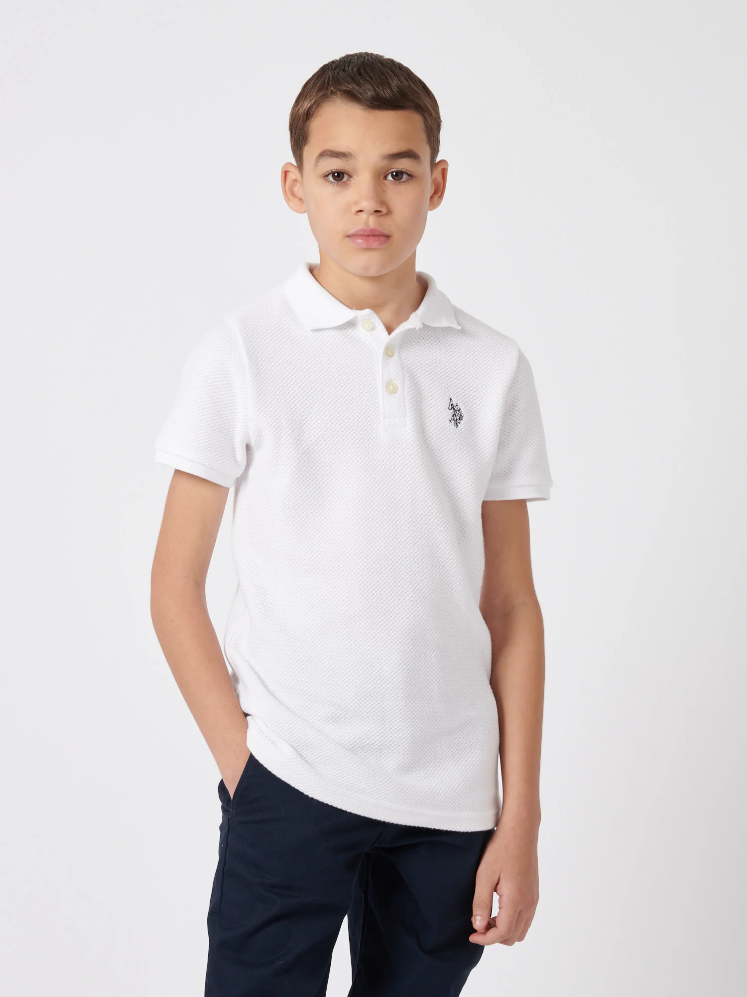 Boys Texture Double Horsemen Polo Shirt Bright White