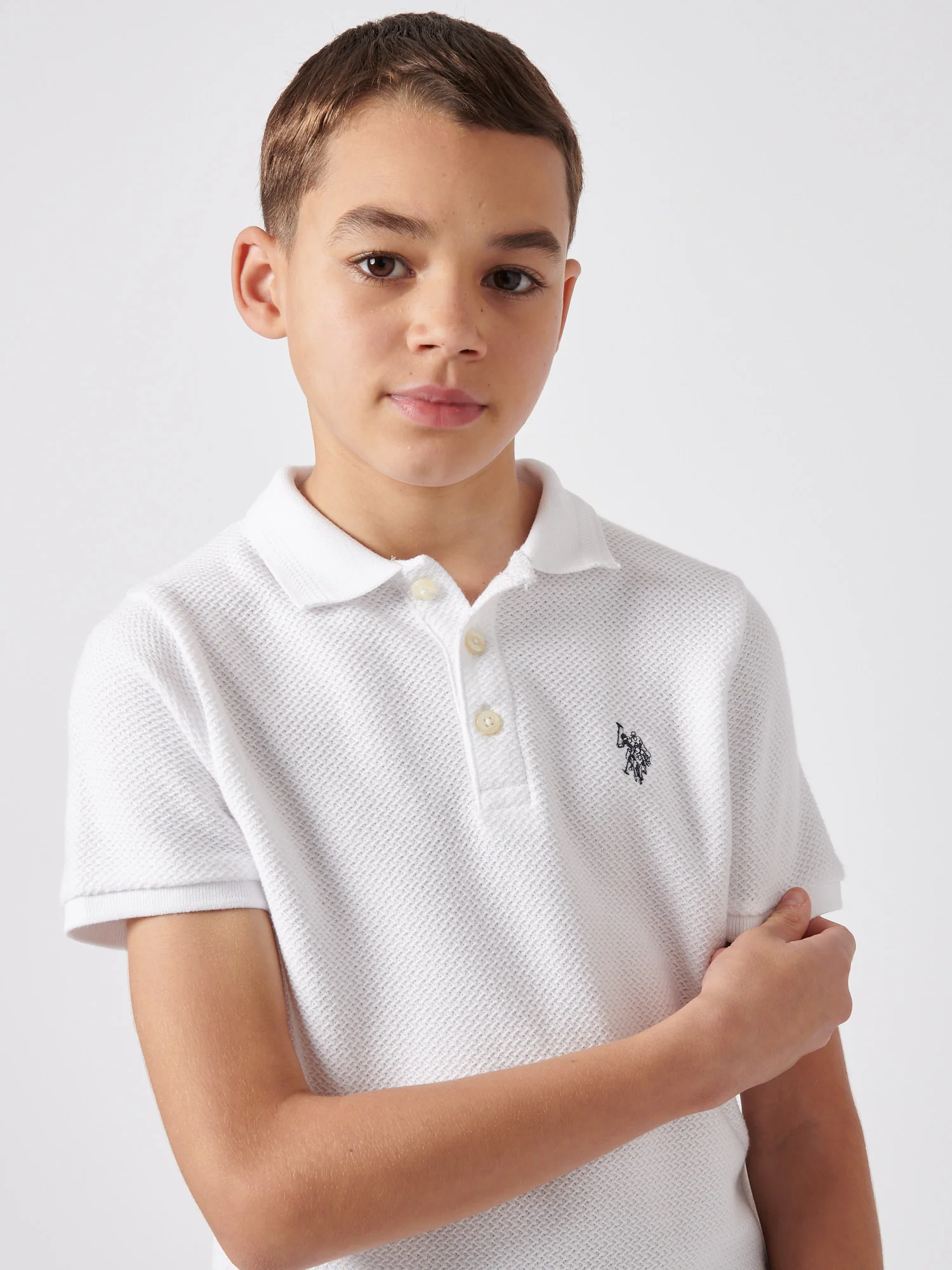 Boys Texture Double Horsemen Polo Shirt Bright White - Image 2