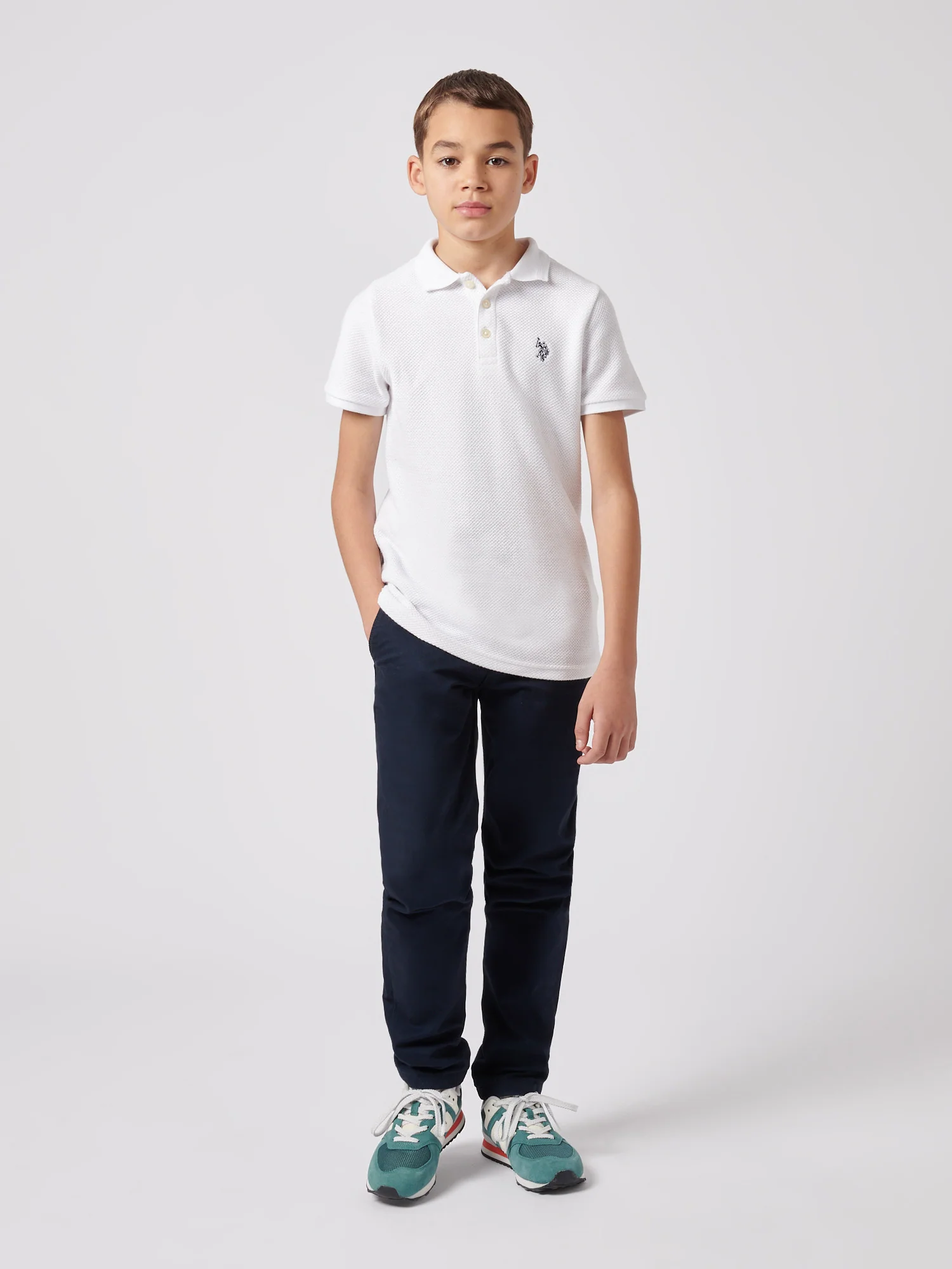 Boys Texture Double Horsemen Polo Shirt Bright White - Image 3