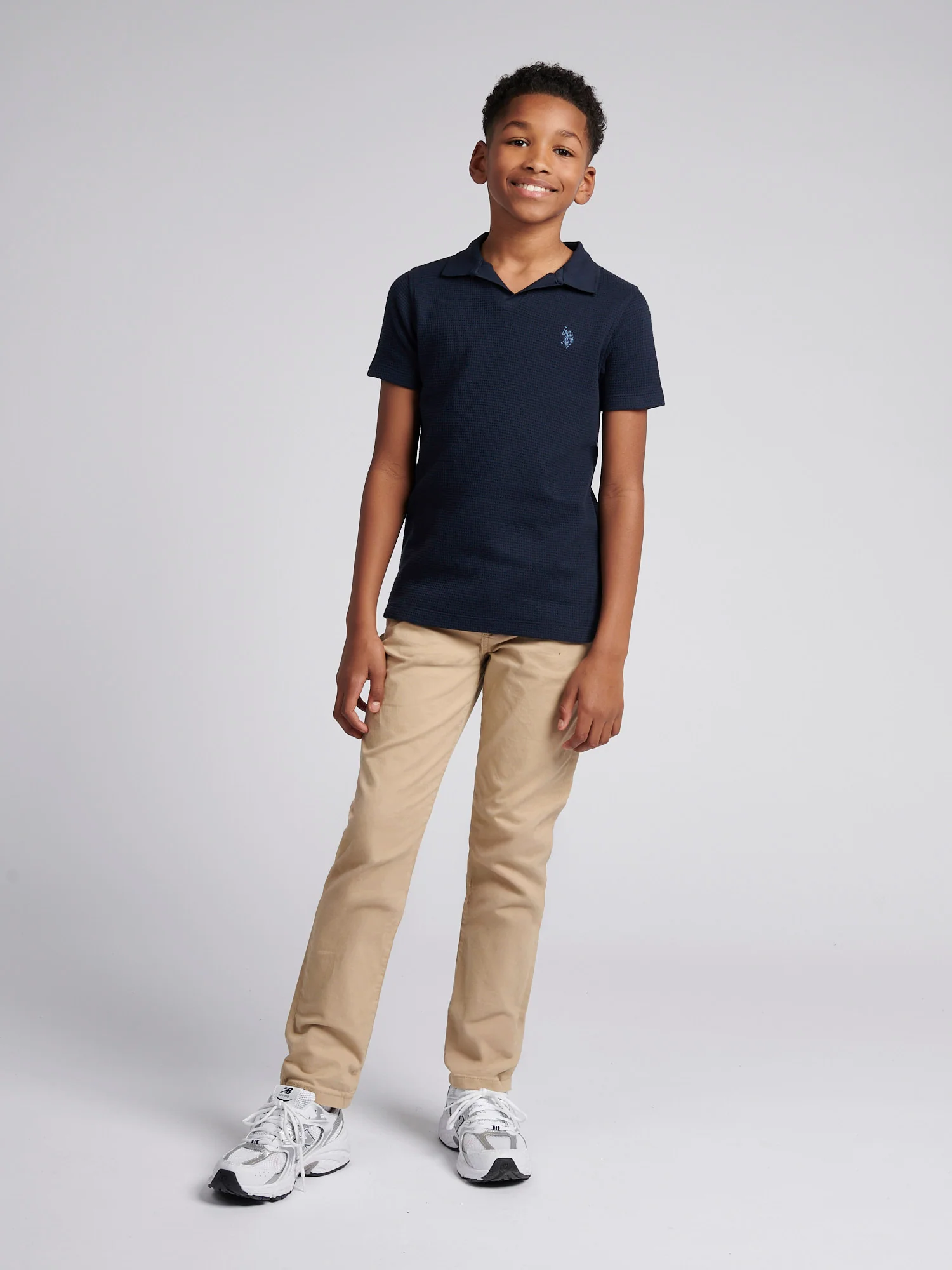 Boys Waffle Texture Open Collar Polo Shirt in Dark Sapphire Navy / Moonlight Blue DHM - Image 3