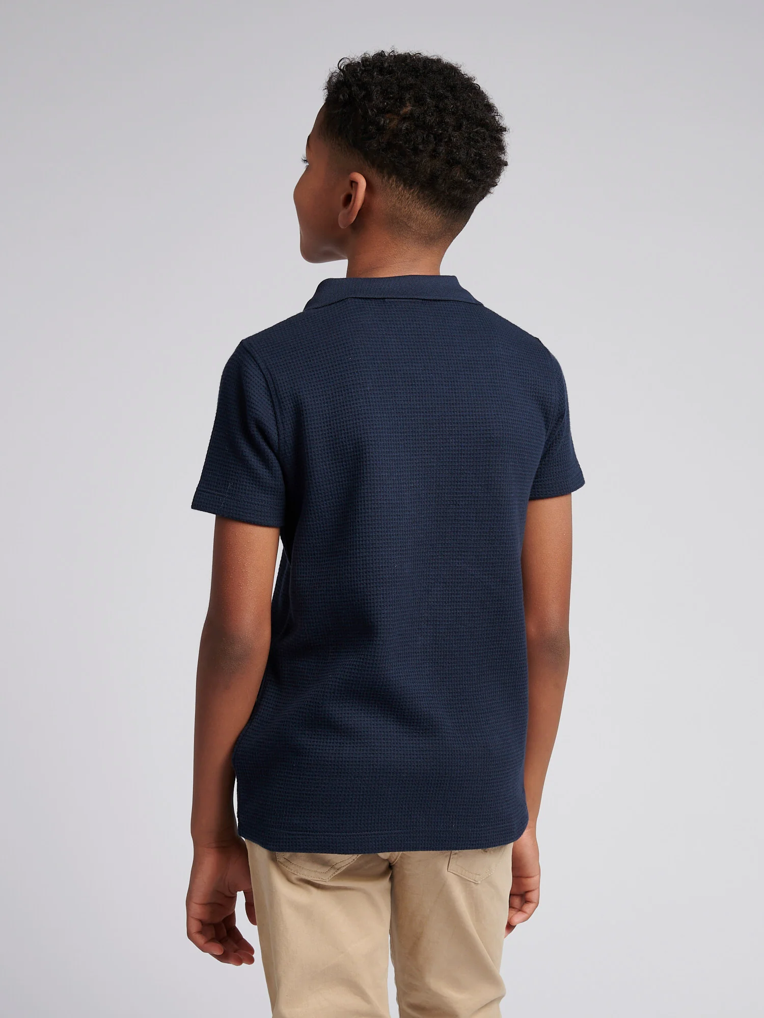 Boys Waffle Texture Open Collar Polo Shirt in Dark Sapphire Navy / Moonlight Blue DHM - Image 4