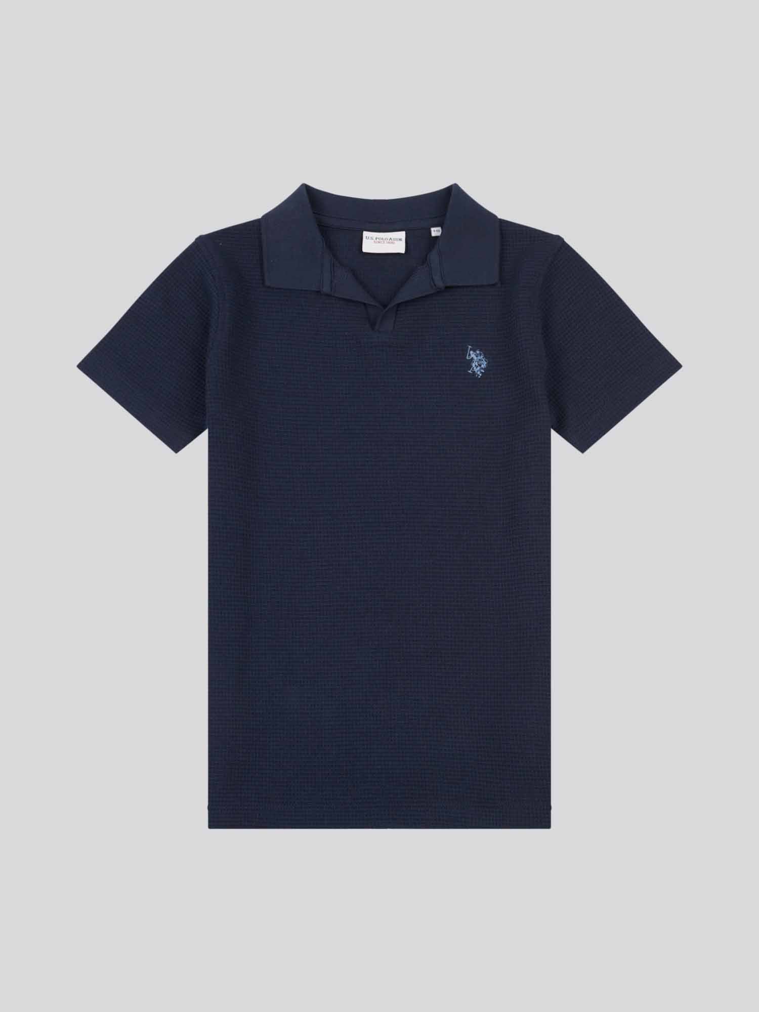Boys Waffle Texture Open Collar Polo Shirt in Dark Sapphire Navy / Moonlight Blue DHM - Image 5