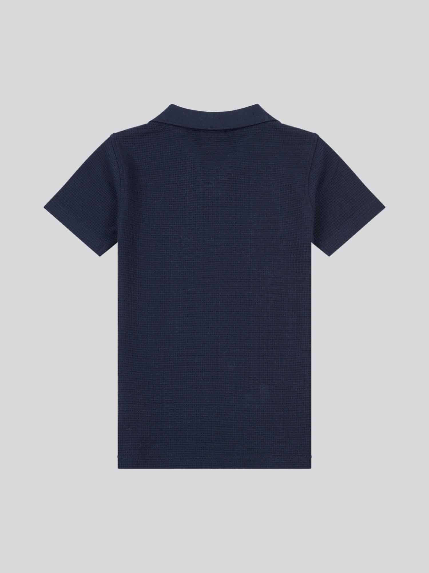Boys Waffle Texture Open Collar Polo Shirt in Dark Sapphire Navy / Moonlight Blue DHM - Image 6