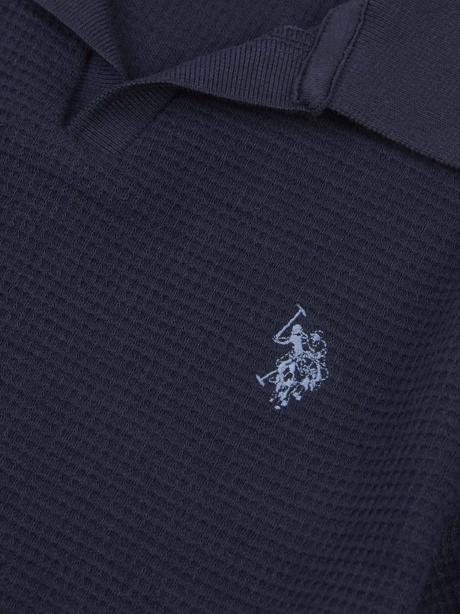 Boys Waffle Texture Open Collar Polo Shirt in Dark Sapphire Navy / Moonlight Blue DHM - Image 7
