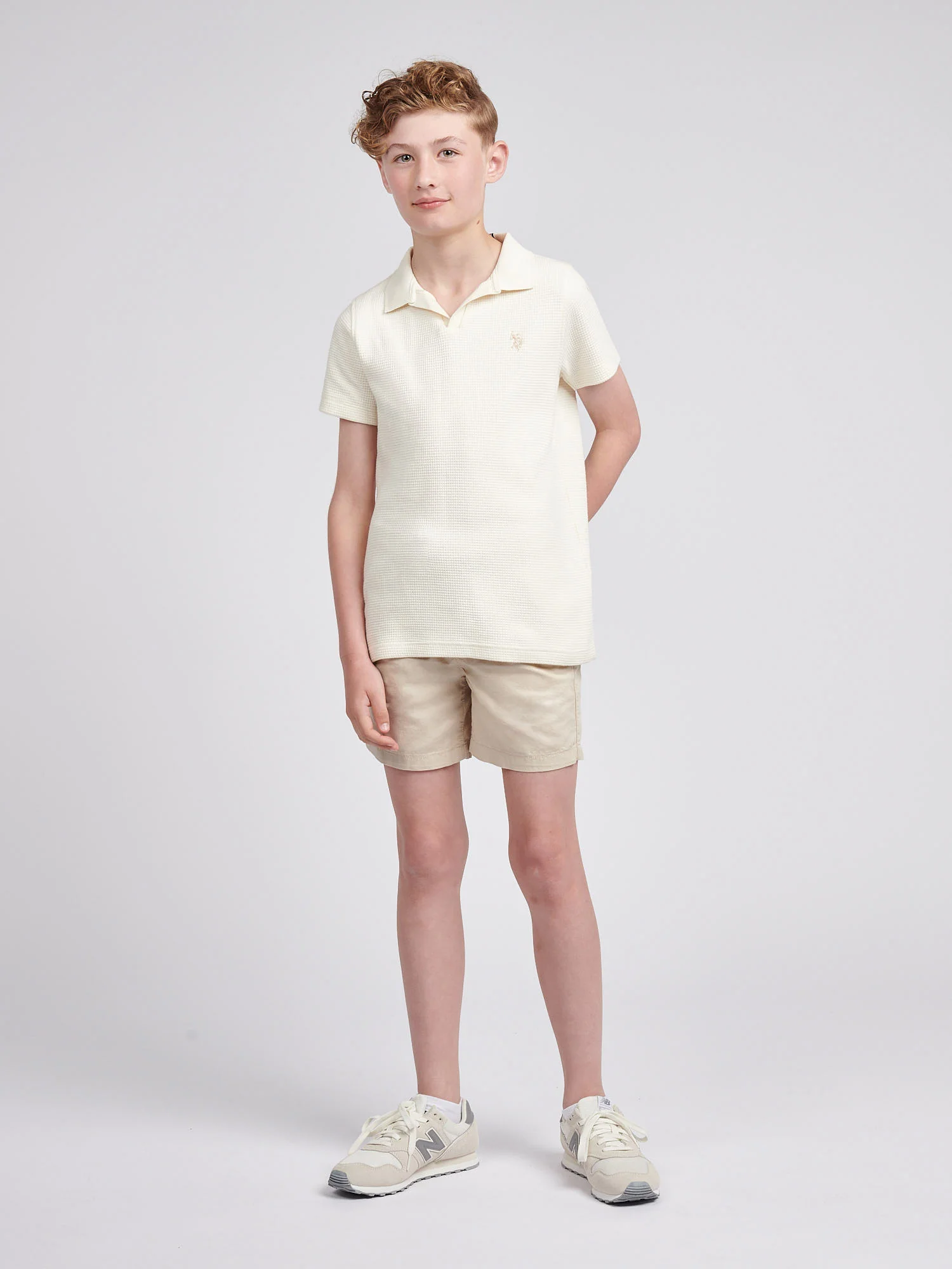Boys Waffle Texture Open Collar Polo Shirt in Whisper White - Image 3