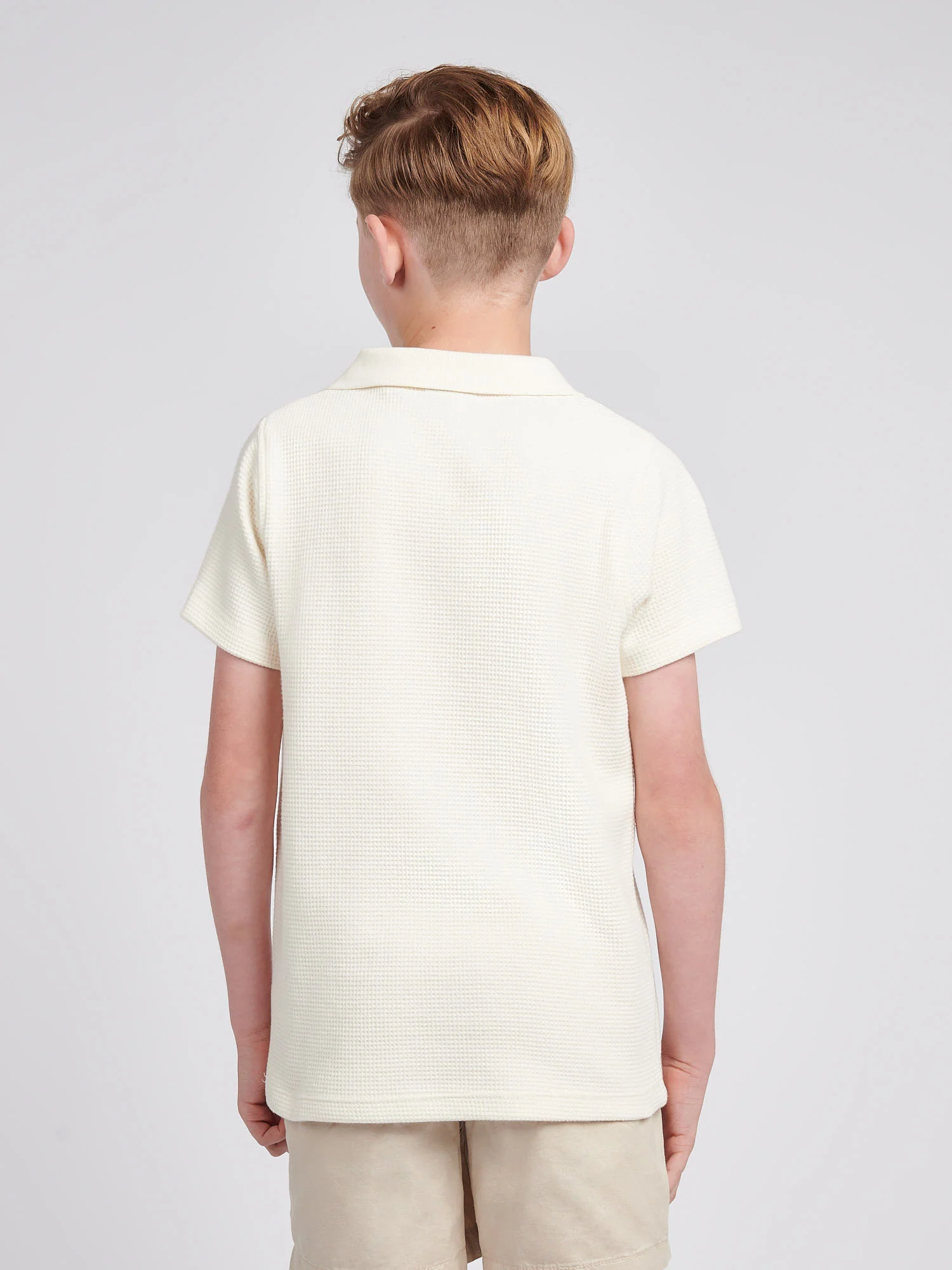 Boys Waffle Texture Open Collar Polo Shirt in Whisper White - Image 4