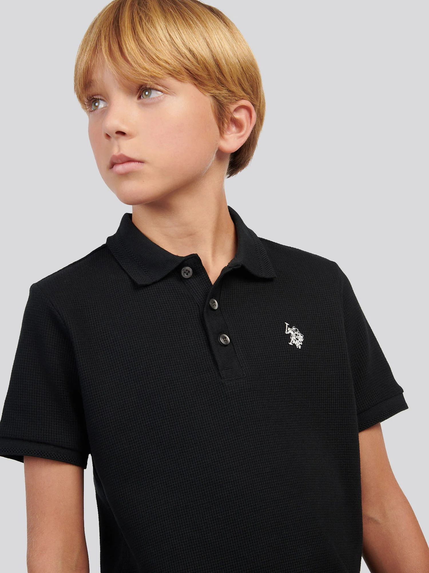 Boys Waffle Texture Polo Shirt in Black - Image 2