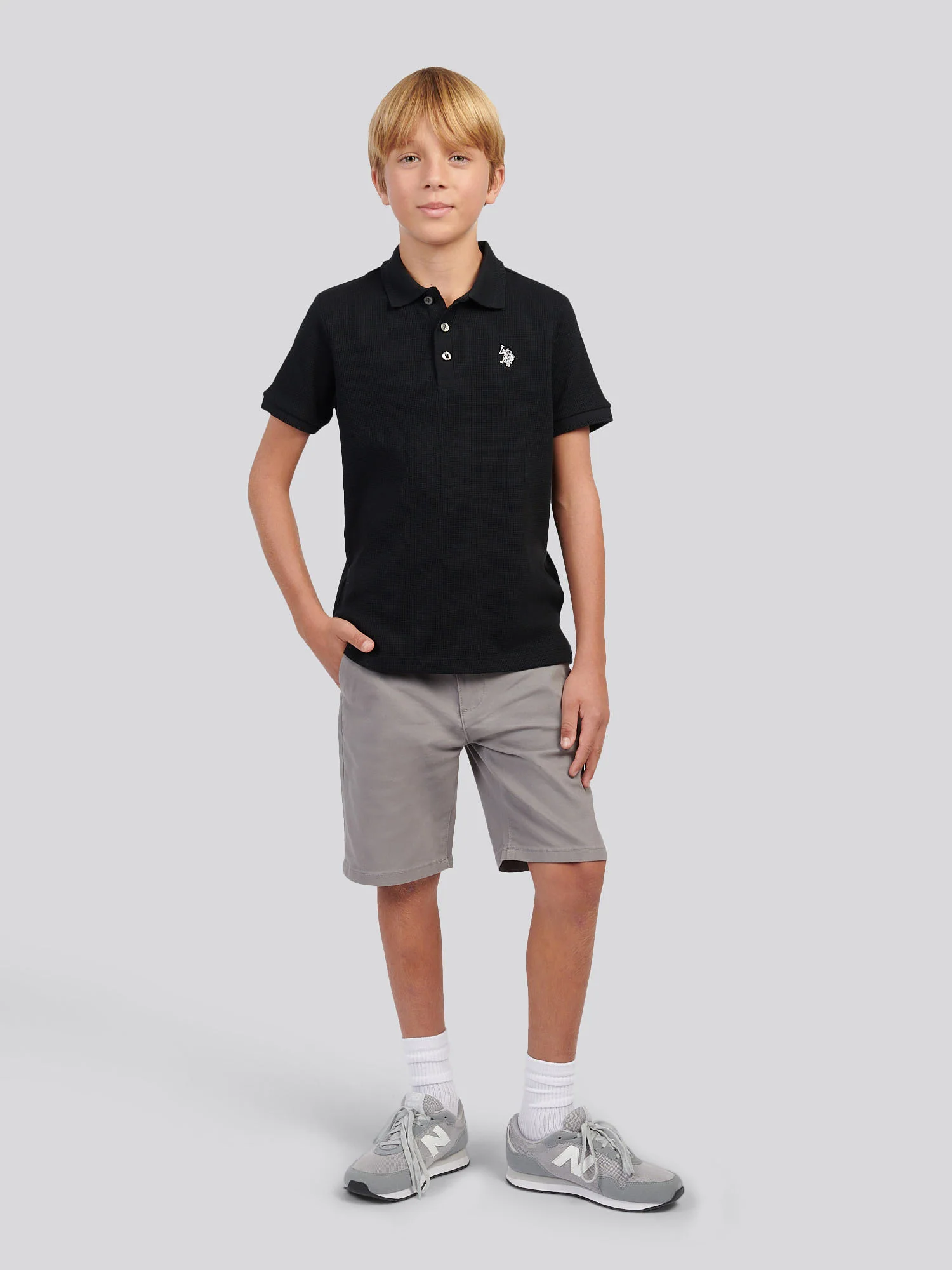 Boys Waffle Texture Polo Shirt in Black - Image 3