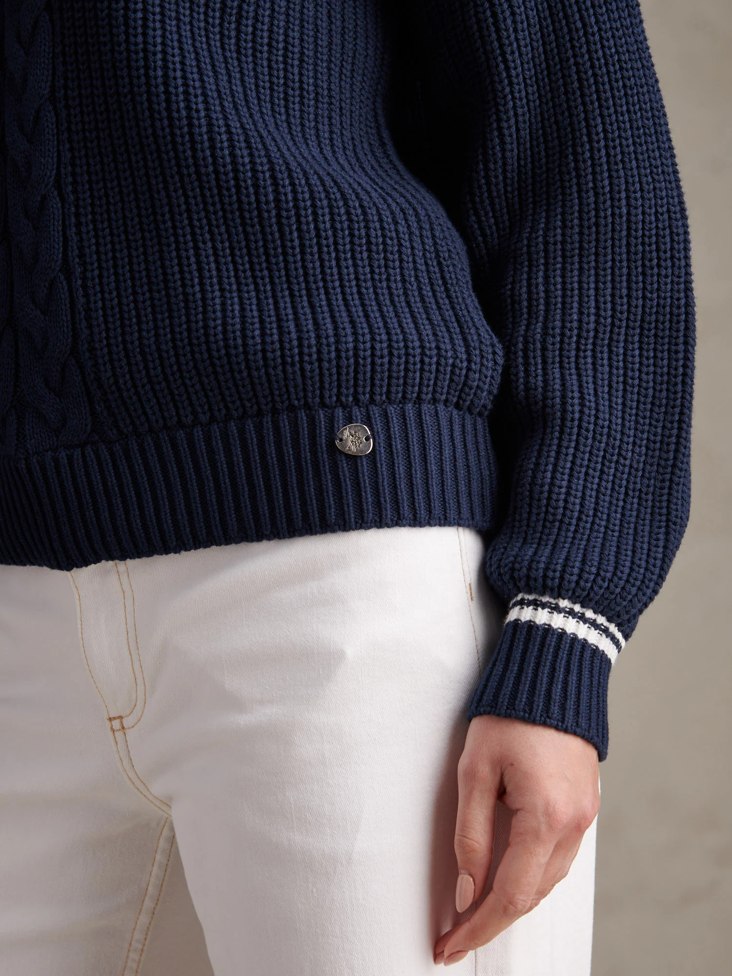 Womens Braid Cable Cricket Jumper Navy Iris - Image 2