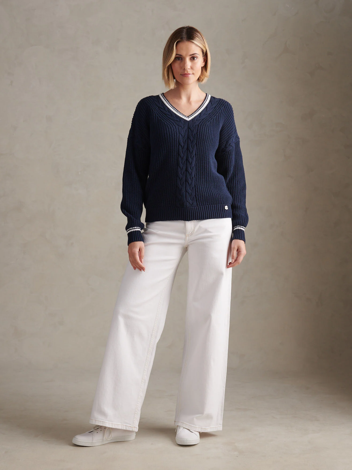 Womens Braid Cable Cricket Jumper Navy Iris - Image 3