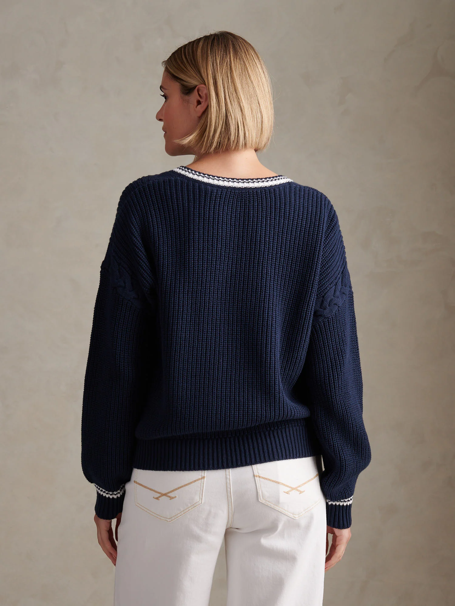 Womens Braid Cable Cricket Jumper Navy Iris - Image 4