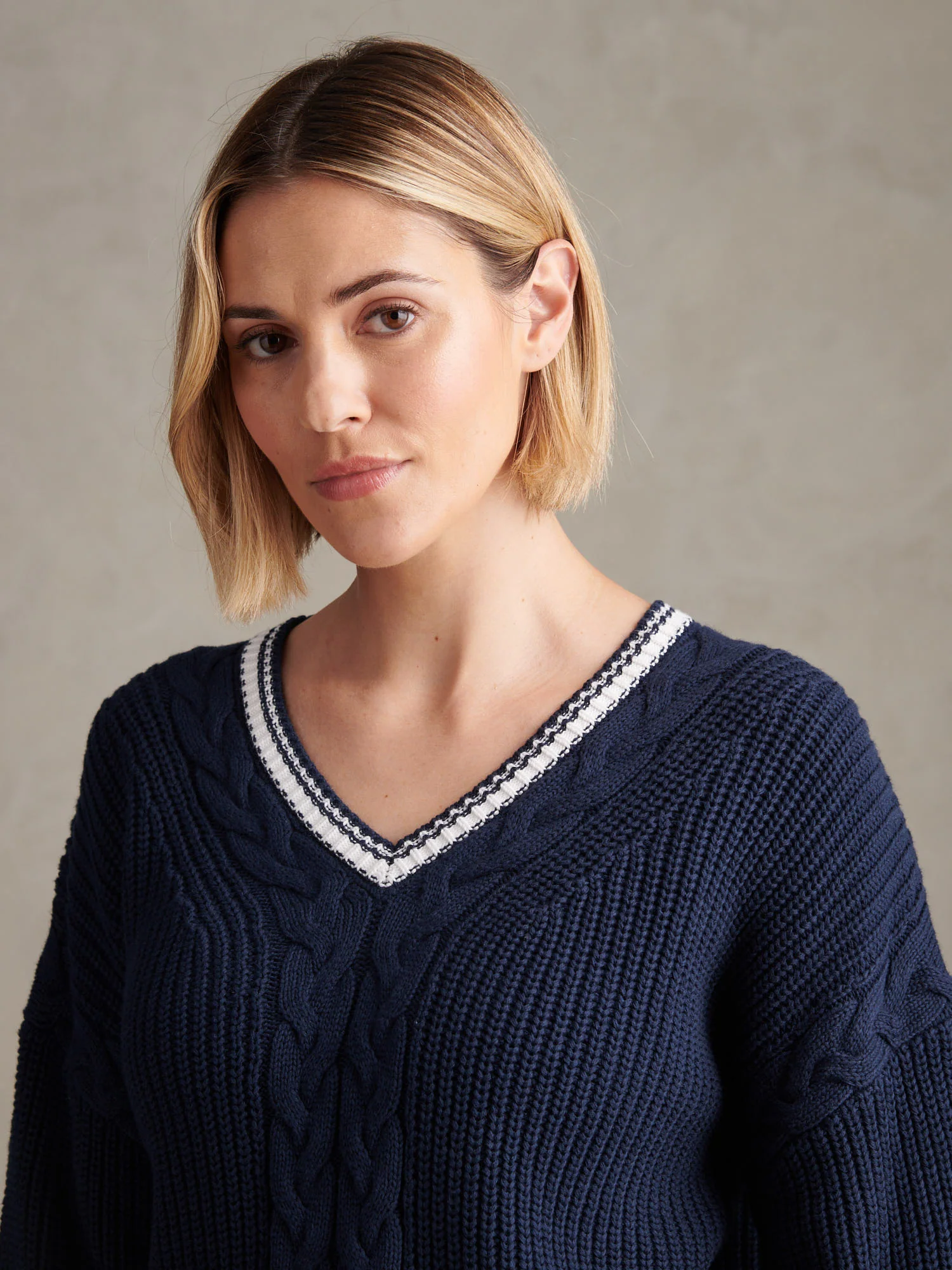 Womens Braid Cable Cricket Jumper Navy Iris - Image 5
