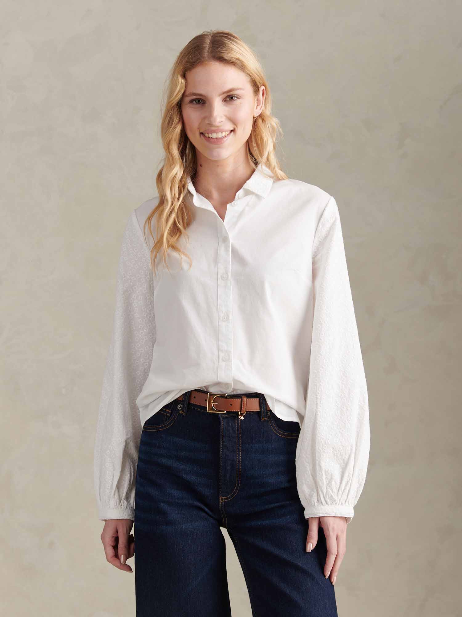 Womens Broderie Detail Loose Fit Shirt Bright White