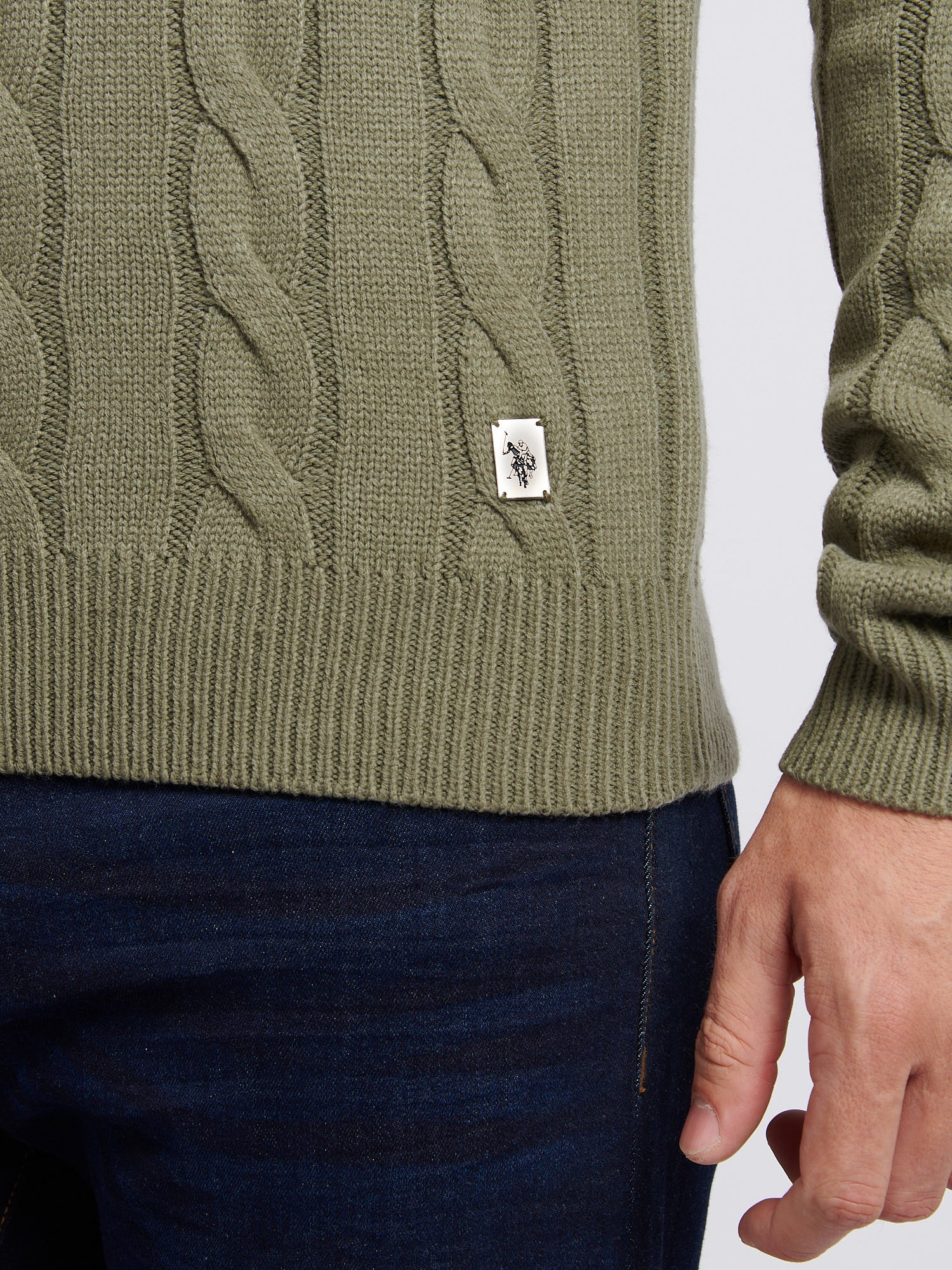 Mens Cable Knit Crew in Mulled Basil - Image 2
